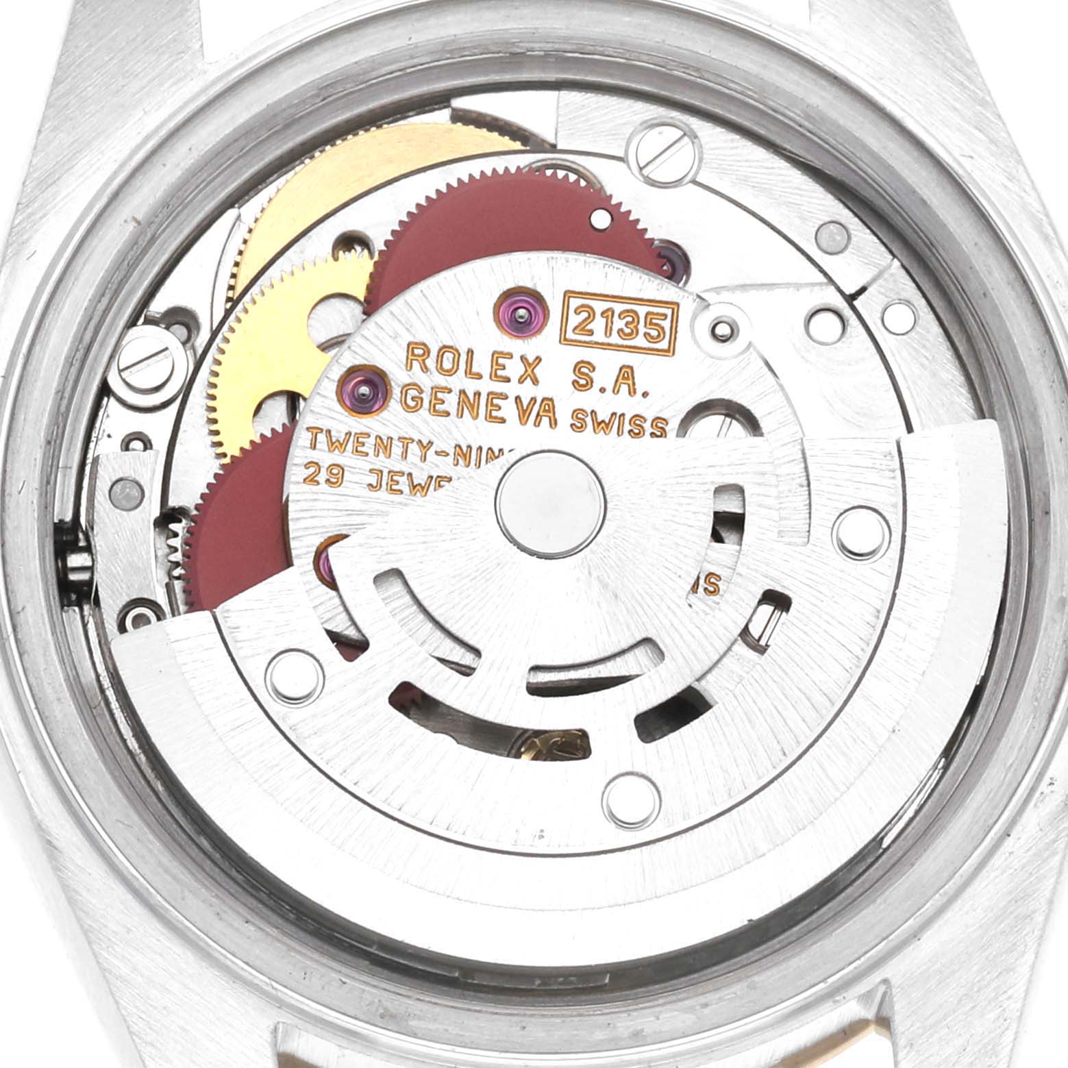 This image shows the internal movement mechanism of the Rolex Datejust 69173 Women's Steel and Gold (two tone) Champagne Dial 69173 Women's Steel and Gold (two tone) Champagne Dial watch from a back angle.