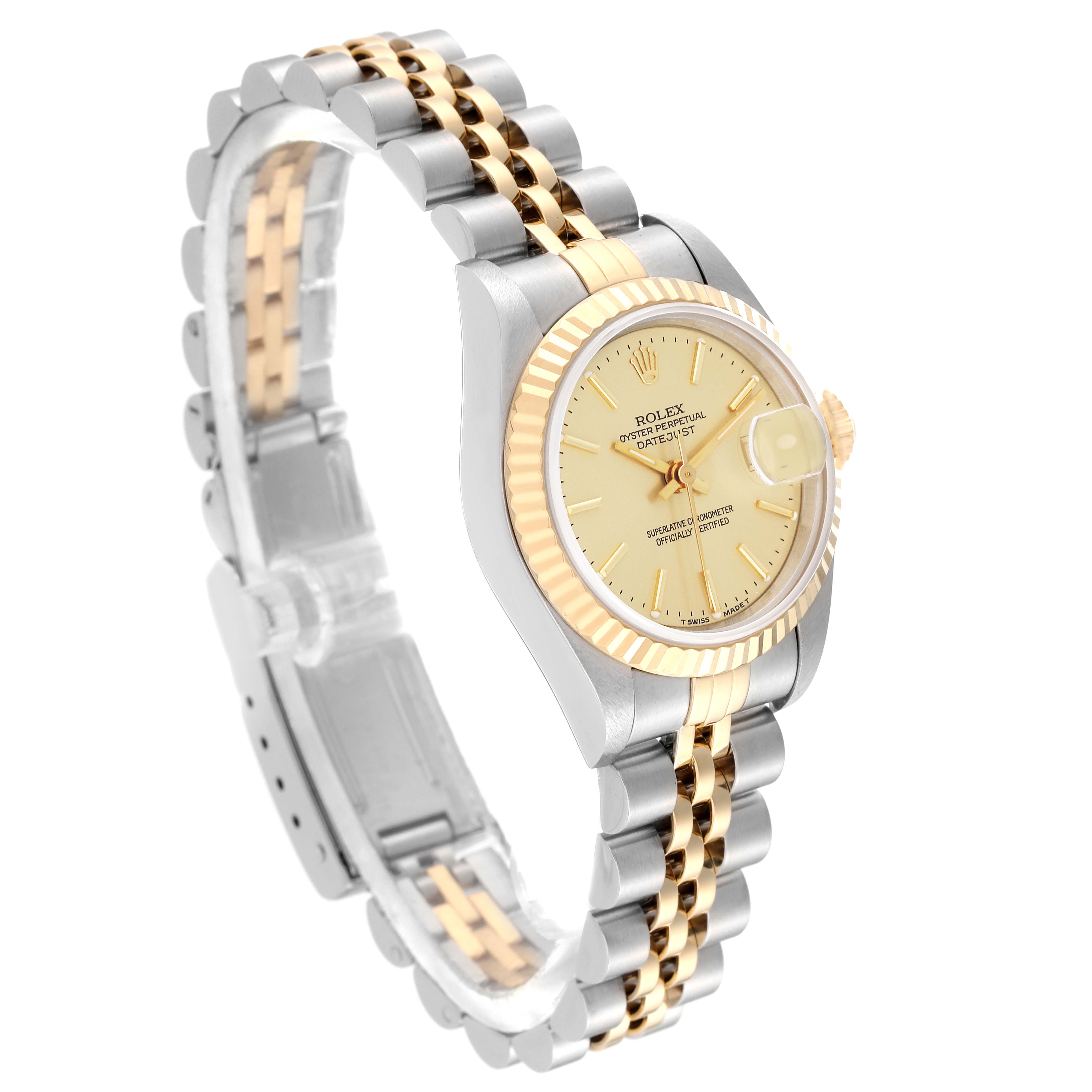 The Rolex Datejust 69173 Women's Steel and Gold (two tone) Champagne Dial 69173 Women's Steel and Gold (two tone) Champagne Dial watch is shown at a three-quarter angle, displaying the face, bezel, crown, and Jubilee bracelet.