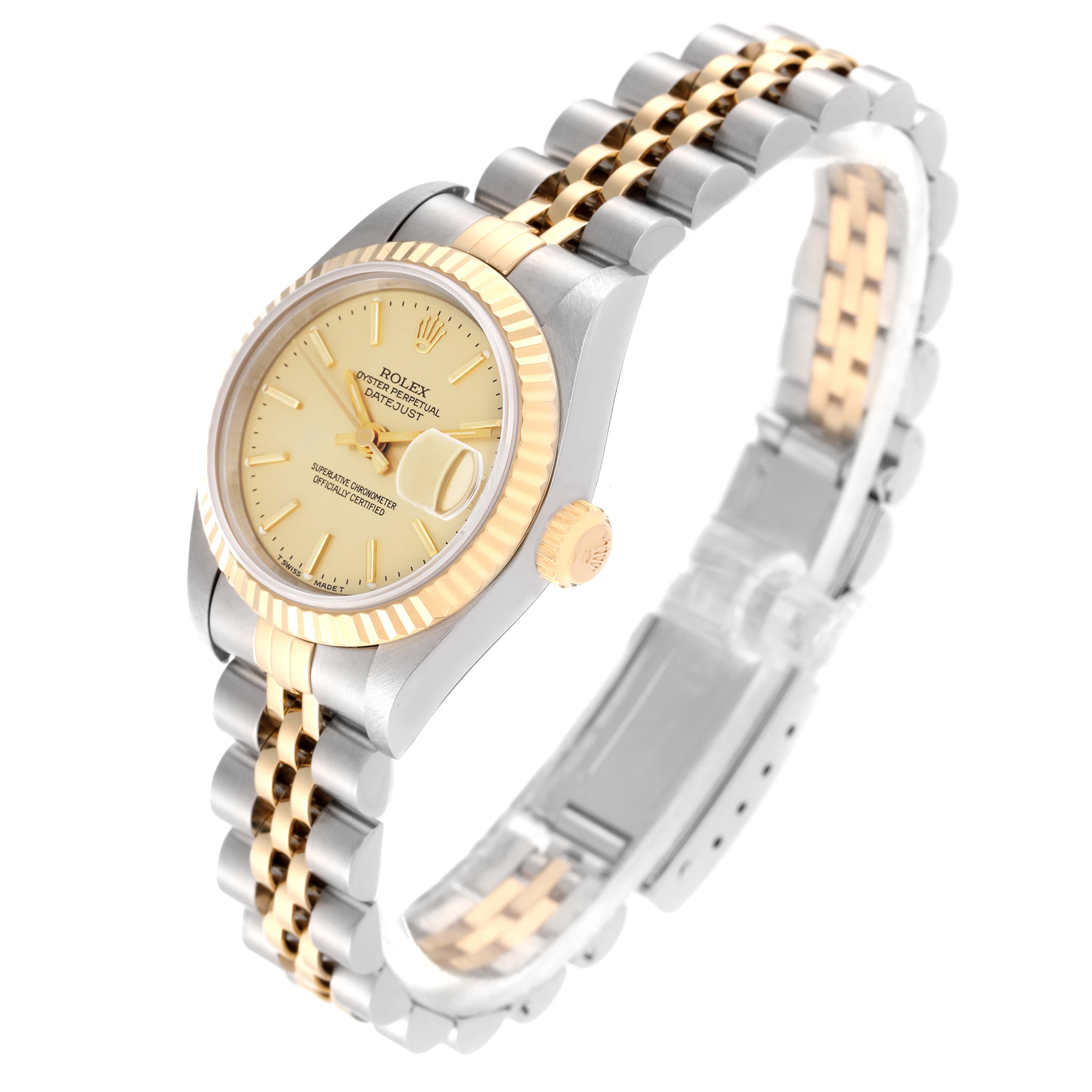 This image shows a Rolex Datejust 69173 Women's Steel and Gold (two tone) Champagne Dial 69173 Women's Steel and Gold (two tone) Champagne Dial watch angled for a full view, displaying its face, bezel, crown, and jubilee bracelet.
