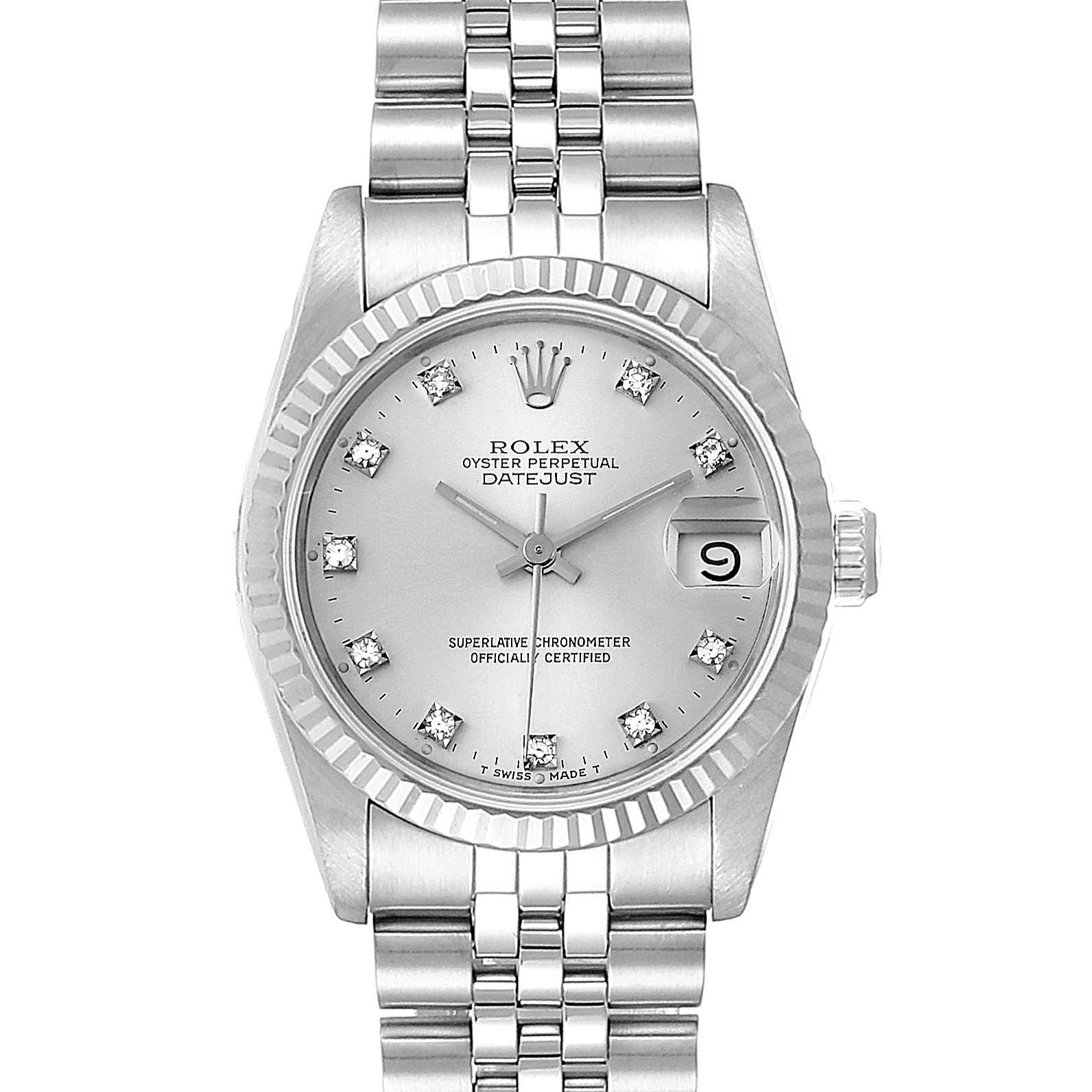 This image shows a front view of a Rolex Datejust 68274 Women's Stainless Steel Silver Dial 68274 Women's Stainless Steel Silver Dial watch, displaying the dial, bezel, crown, and bracelet.