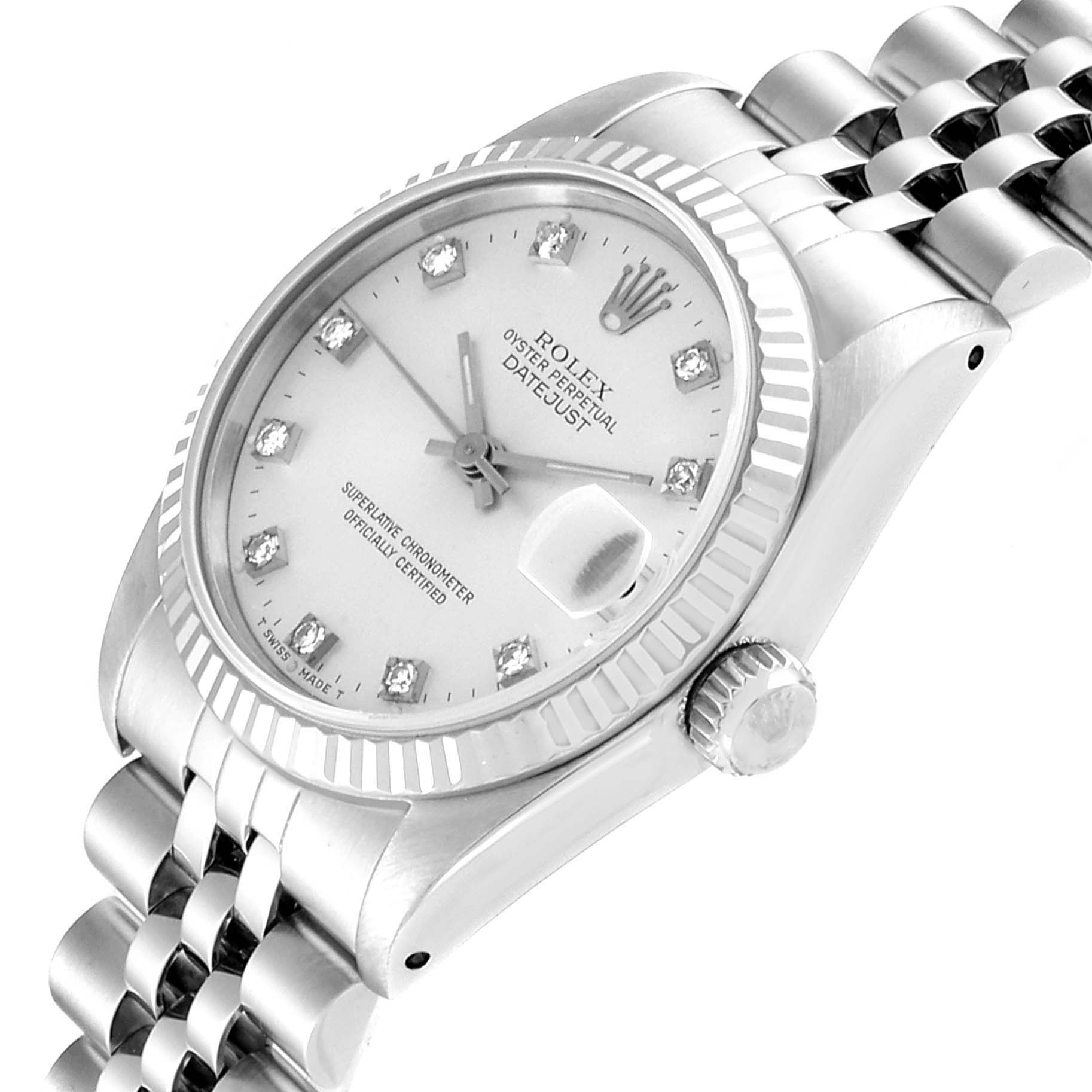 The image shows a close-up angle of the Rolex Datejust 68274 Women's Stainless Steel Silver Dial 68274 Women's Stainless Steel Silver Dial, including the dial, bezel, crown, and part of the bracelet.
