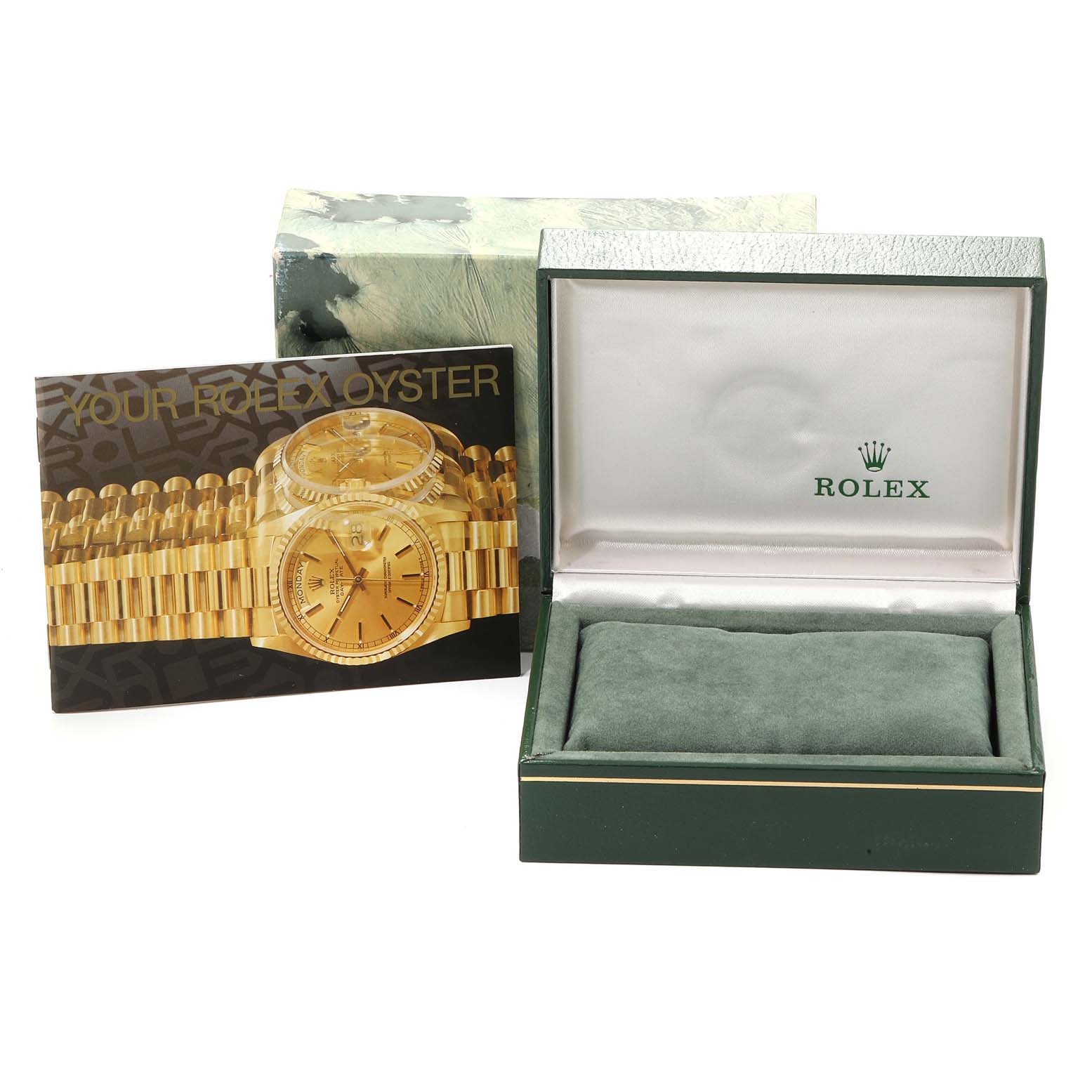 The image shows an open Rolex Datejust 68274 Women's Stainless Steel Silver Dial 68274 Women's Stainless Steel Silver Dial watch box and a booklet, captured from the front.
