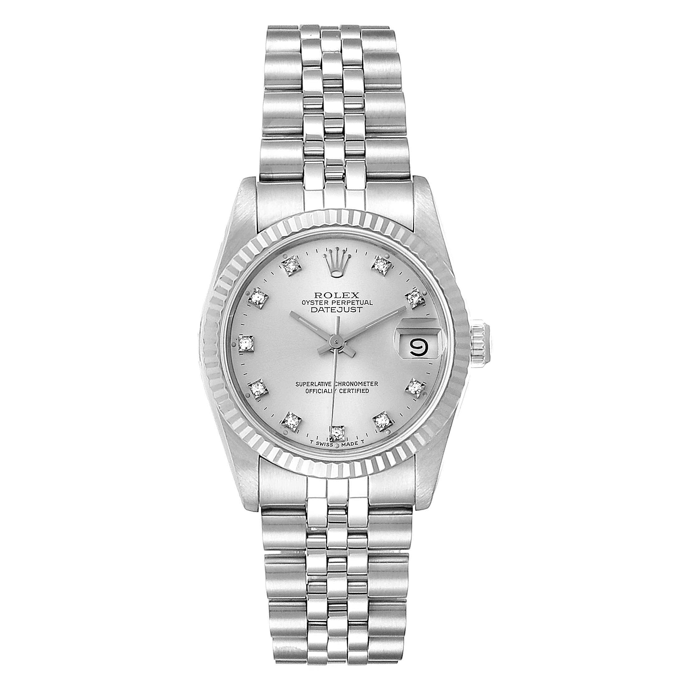 The Rolex Datejust 68274 Women's Stainless Steel Silver Dial 68274 Women's Stainless Steel Silver Dial watch is shown from a front view, displaying the dial, fluted bezel, date window, and jubilee bracelet.