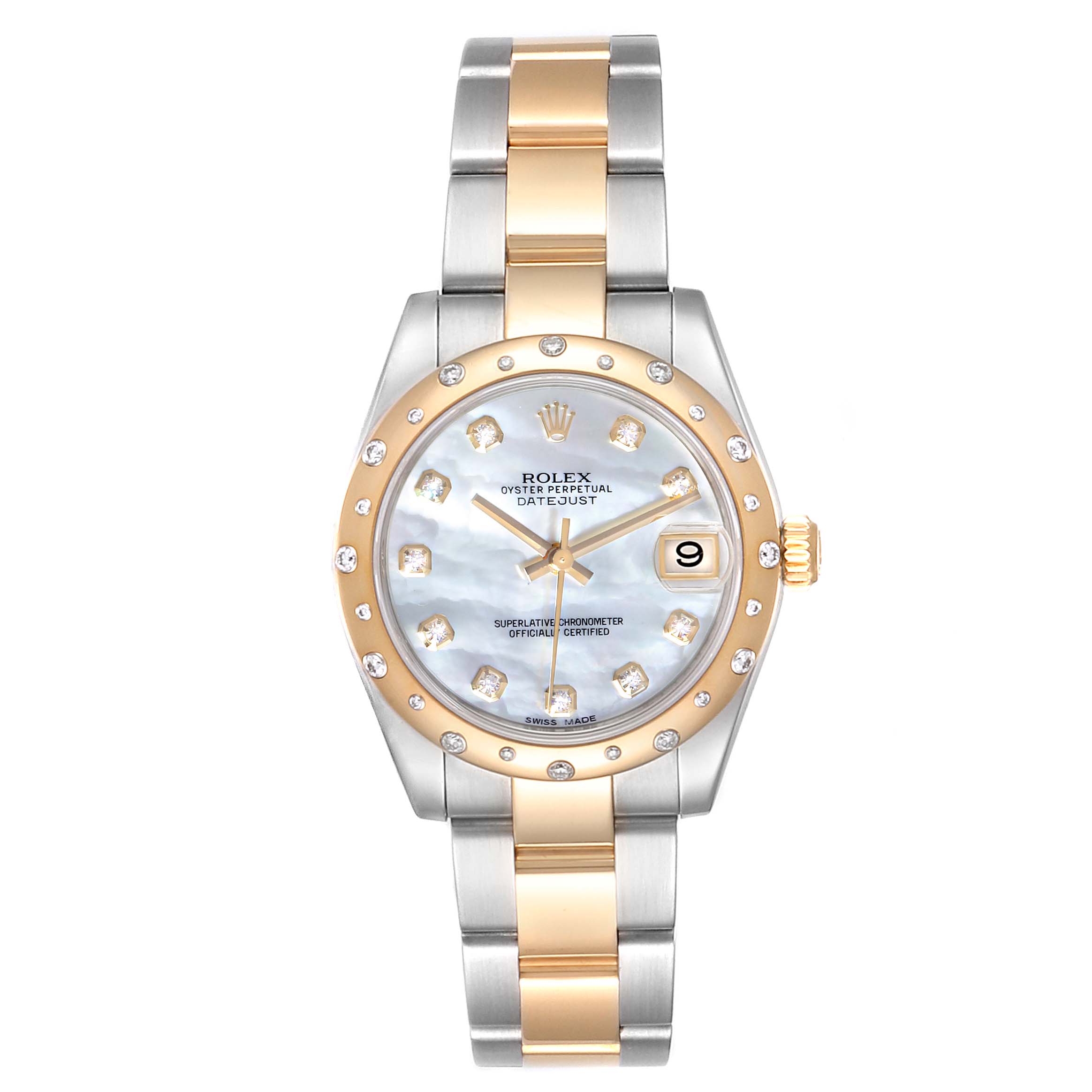 The image shows a front view of a Rolex Mid-Size 178343 Women's Steel and Gold (two tone) Mother of Pearl Dial 178343 Women's Steel and Gold (two tone) Mother of Pearl Dial Oyster Perpetual Datejust watch, highlighting its face and bracelet.