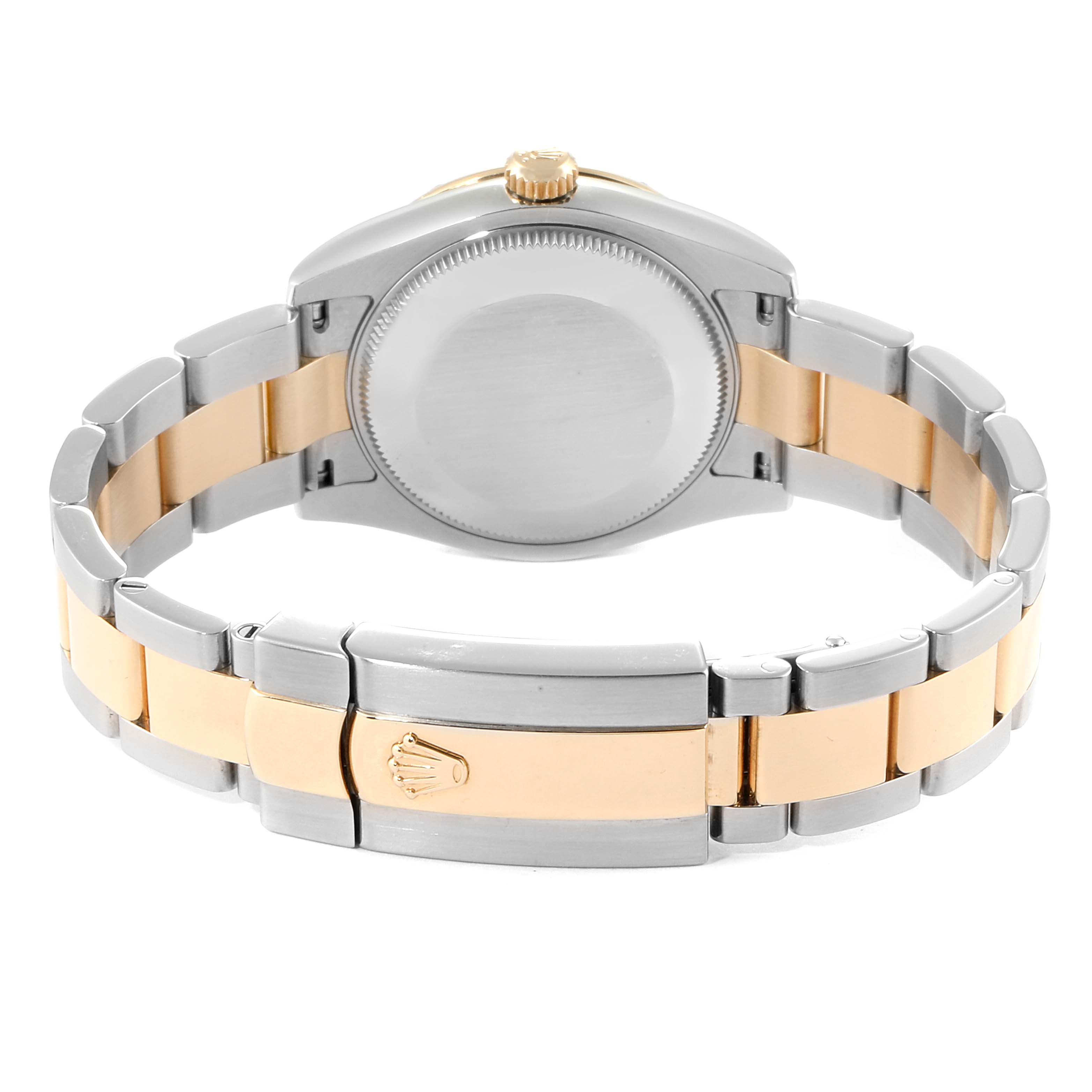 This Rolex Mid-Size 178343 Women's Steel and Gold (two tone) Mother of Pearl Dial 178343 Women's Steel and Gold (two tone) Mother of Pearl Dial model is shown from the back, highlighting the case back, crown, and two-tone metal bracelet with Rolex clasp.