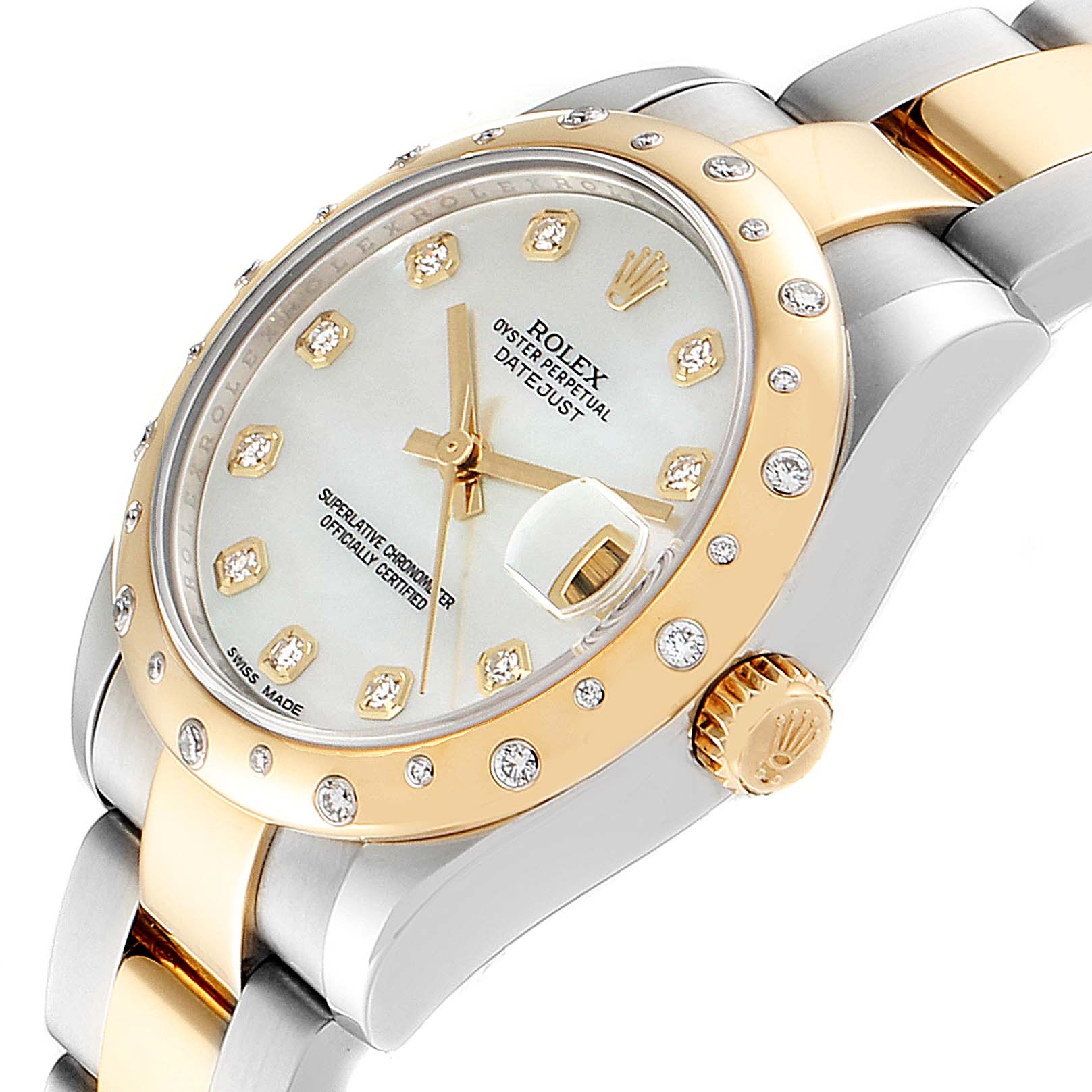 A Mid-Size Rolex watch is shown from a slightly angled top view, highlighting its bezel, crown, face, and bracelet.
