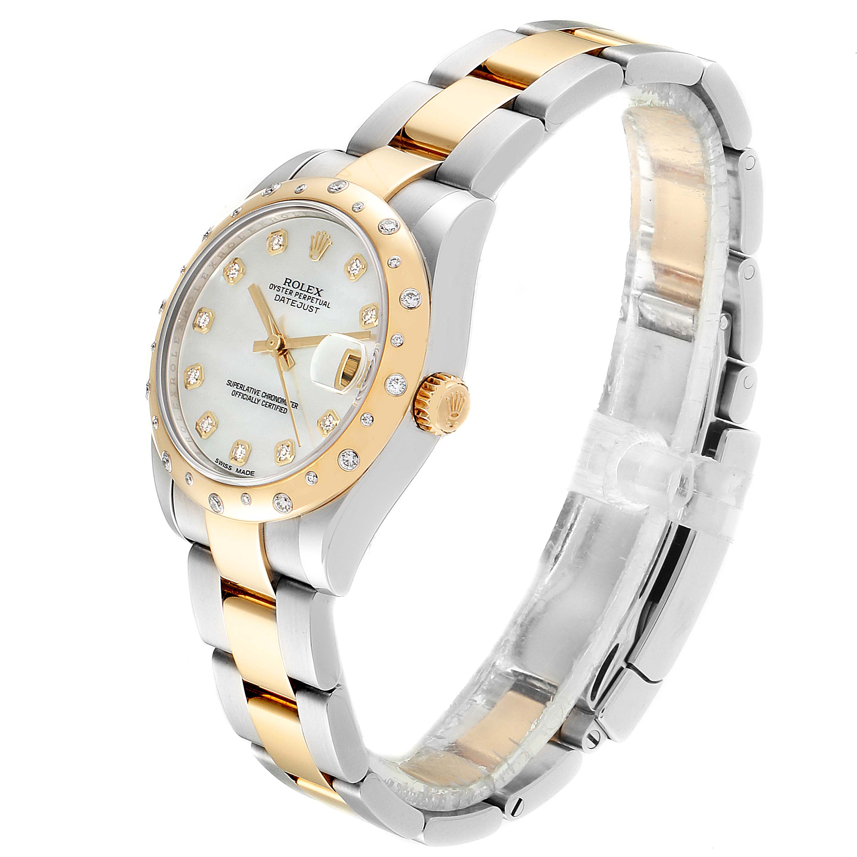 The image shows a side and front angle of the Rolex Mid-Size 178343 Women's Steel and Gold (two tone) Mother of Pearl Dial 178343 Women's Steel and Gold (two tone) Mother of Pearl Dial Datejust, highlighting its two-tone bracelet and diamond-set bezel.