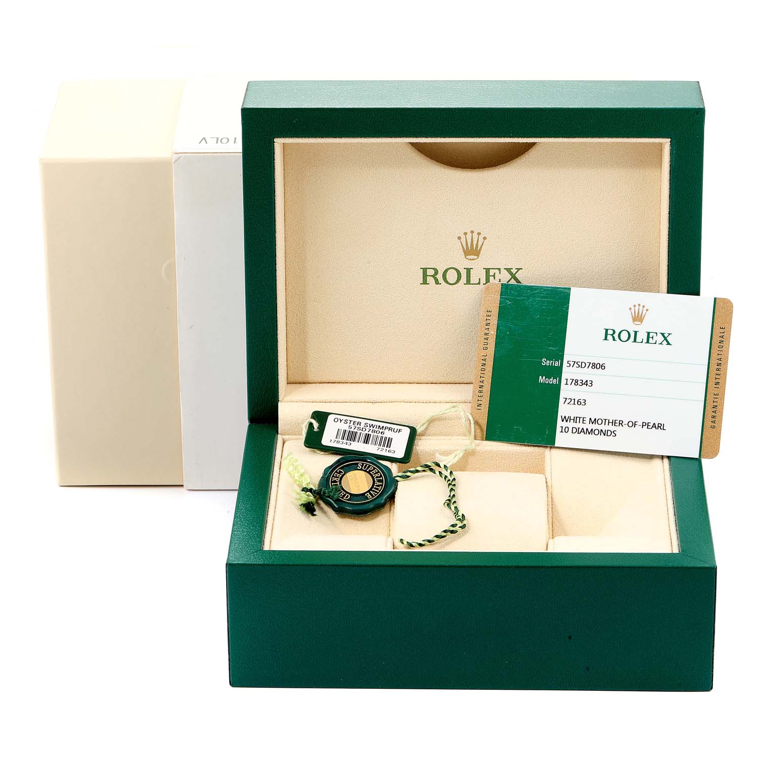 The image shows the open box of a Rolex Mid-Size 178343 Women's Steel and Gold (two tone) Mother of Pearl Dial 178343 Women's Steel and Gold (two tone) Mother of Pearl Dial model watch with accessories, warranty card, and tag in view.