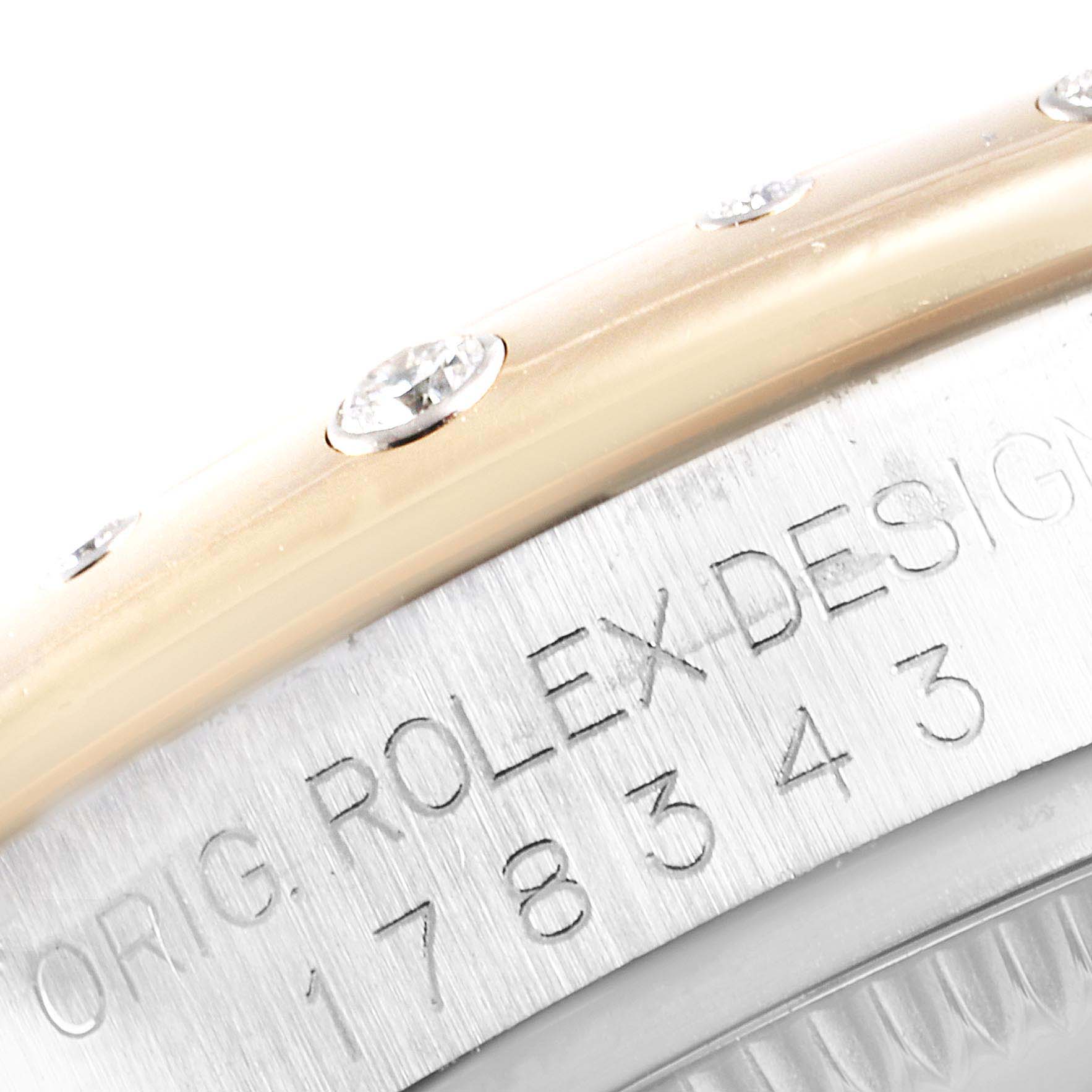 Close-up image showing the side case and bezel with diamonds of a Rolex Mid-Size 178343 Women's Steel and Gold (two tone) Mother of Pearl Dial 178343 Women's Steel and Gold (two tone) Mother of Pearl Dial model watch.