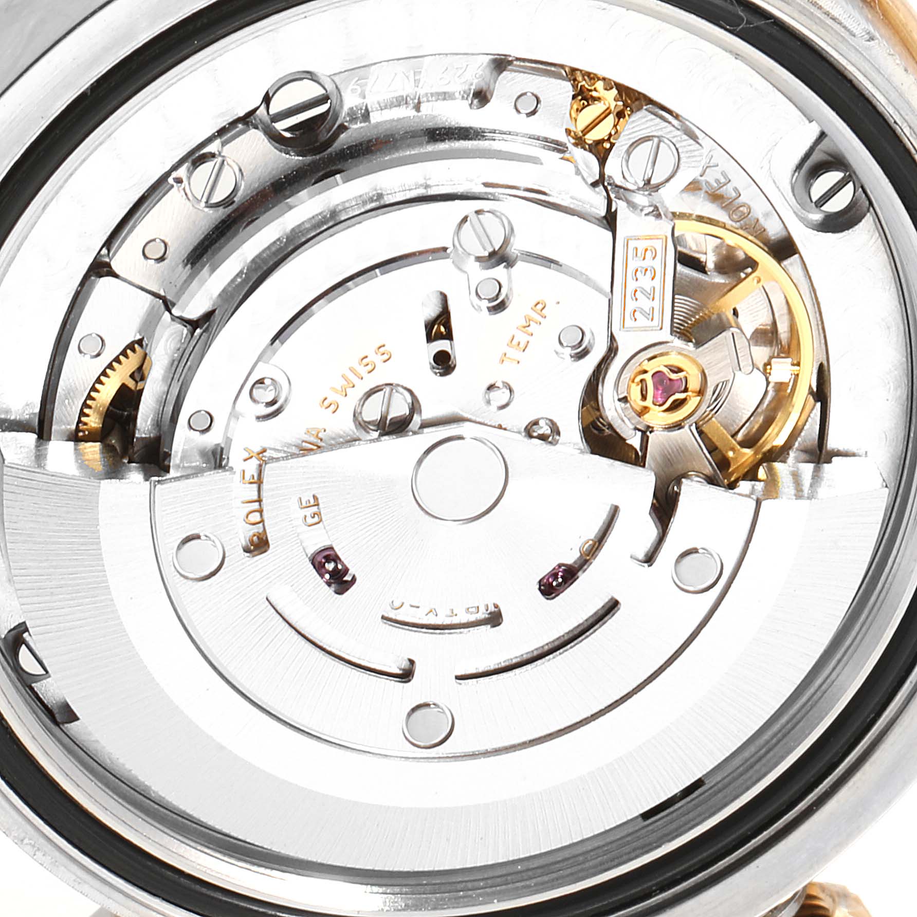 This is a close-up image showing the movement mechanism of the Rolex Mid-Size 178343 Women's Steel and Gold (two tone) Mother of Pearl Dial 178343 Women's Steel and Gold (two tone) Mother of Pearl Dial model watch.