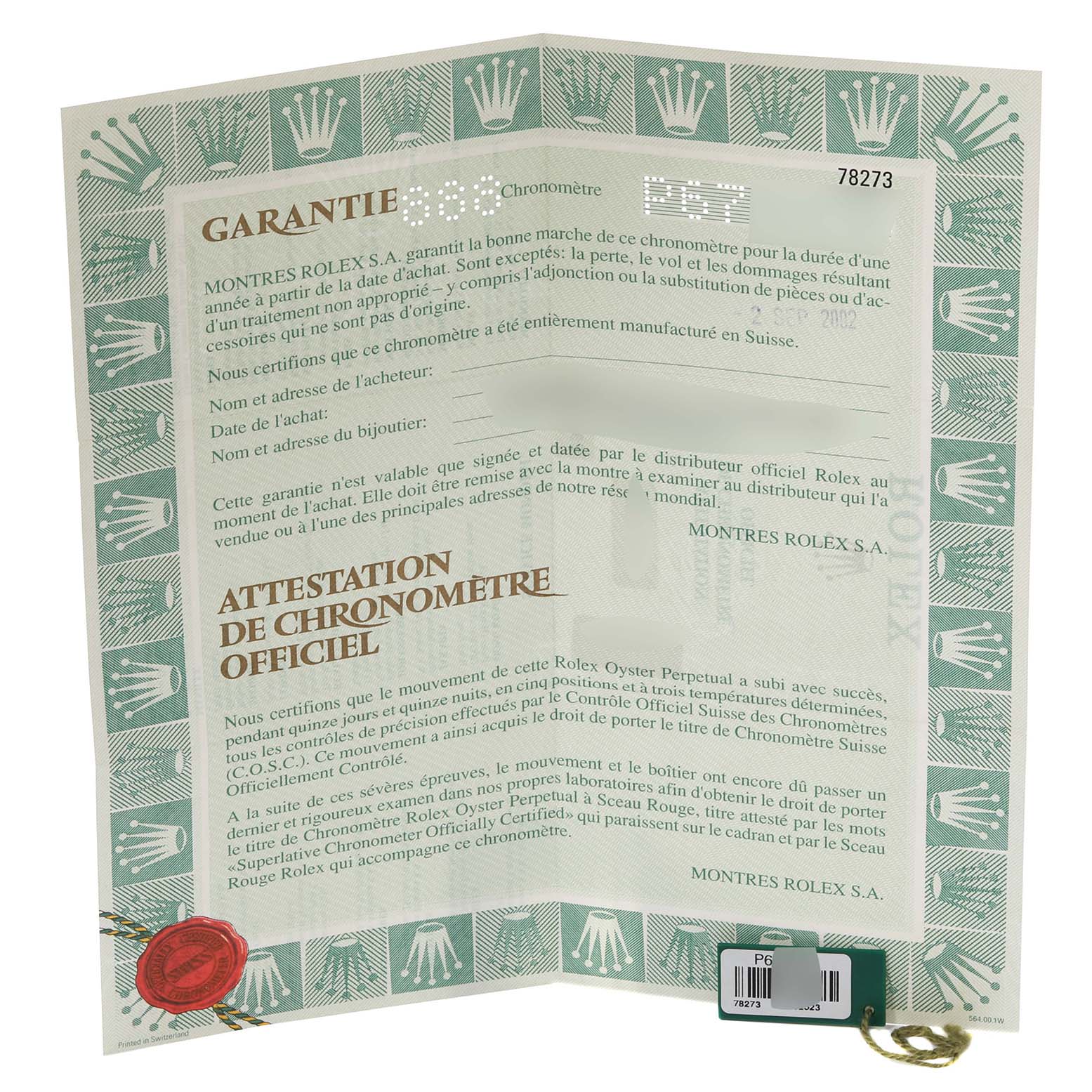 The image shows a warranty card booklet for a Mid-Size Rolex watch, featuring the Rolex logo and official chronometer certification in French.