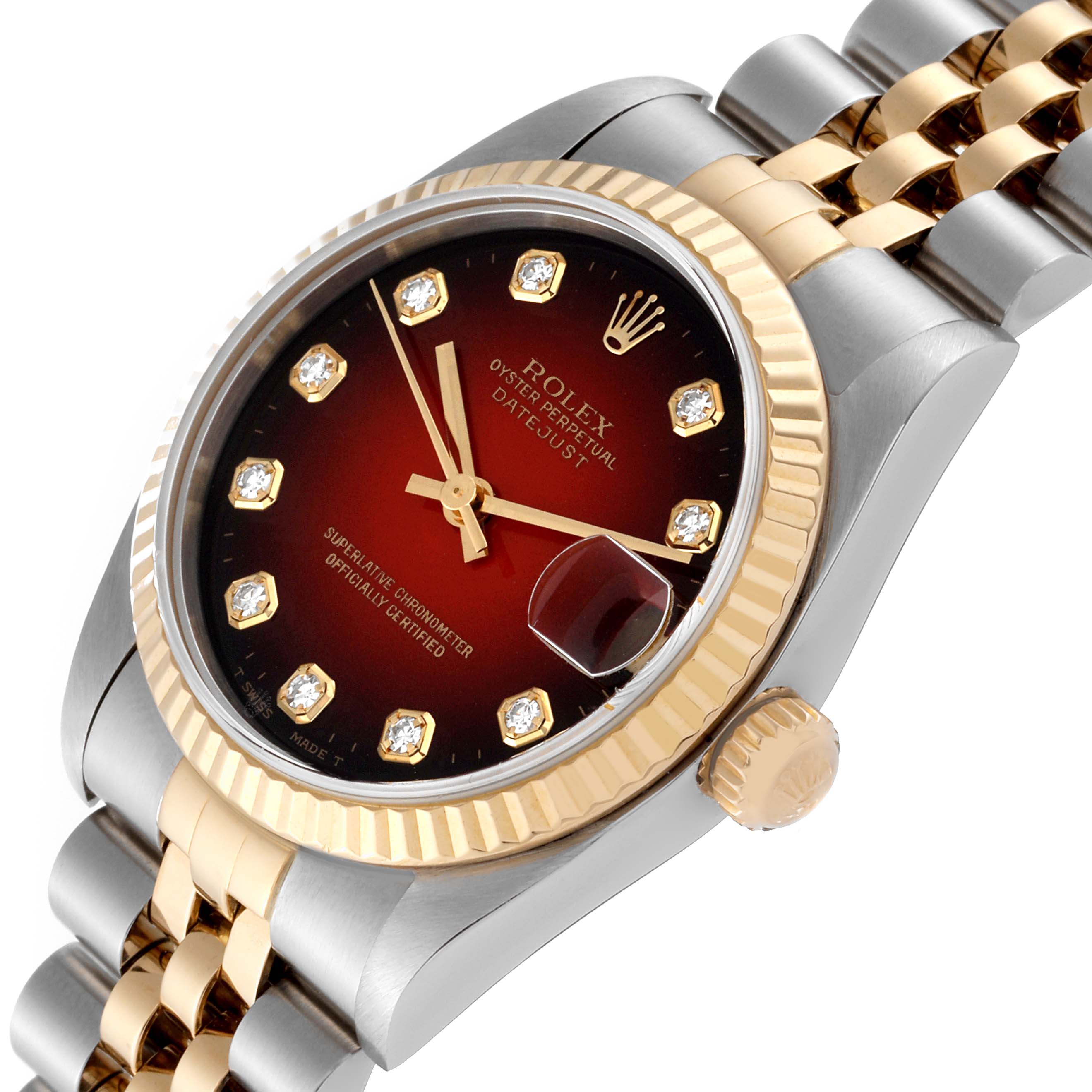 This image displays a Rolex Mid-Size 78273 Women's Steel and Gold (two tone) Red Dial 78273 Women's Steel and Gold (two tone) Red Dial Datejust watch at a three-quarter angle, highlighting the dial, bezel, and part of the bracelet.