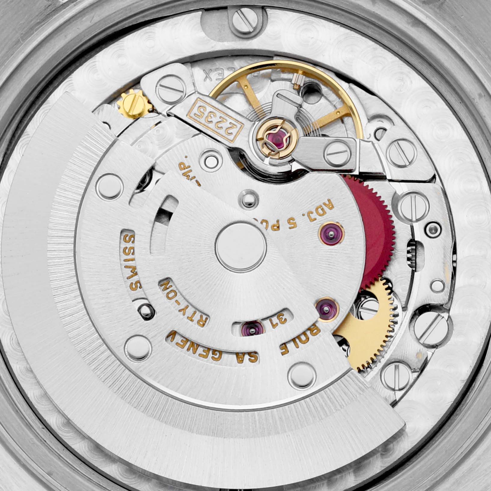 The image shows the intricate movement mechanism of a Mid-Size Rolex watch from a close-up, internal angle.