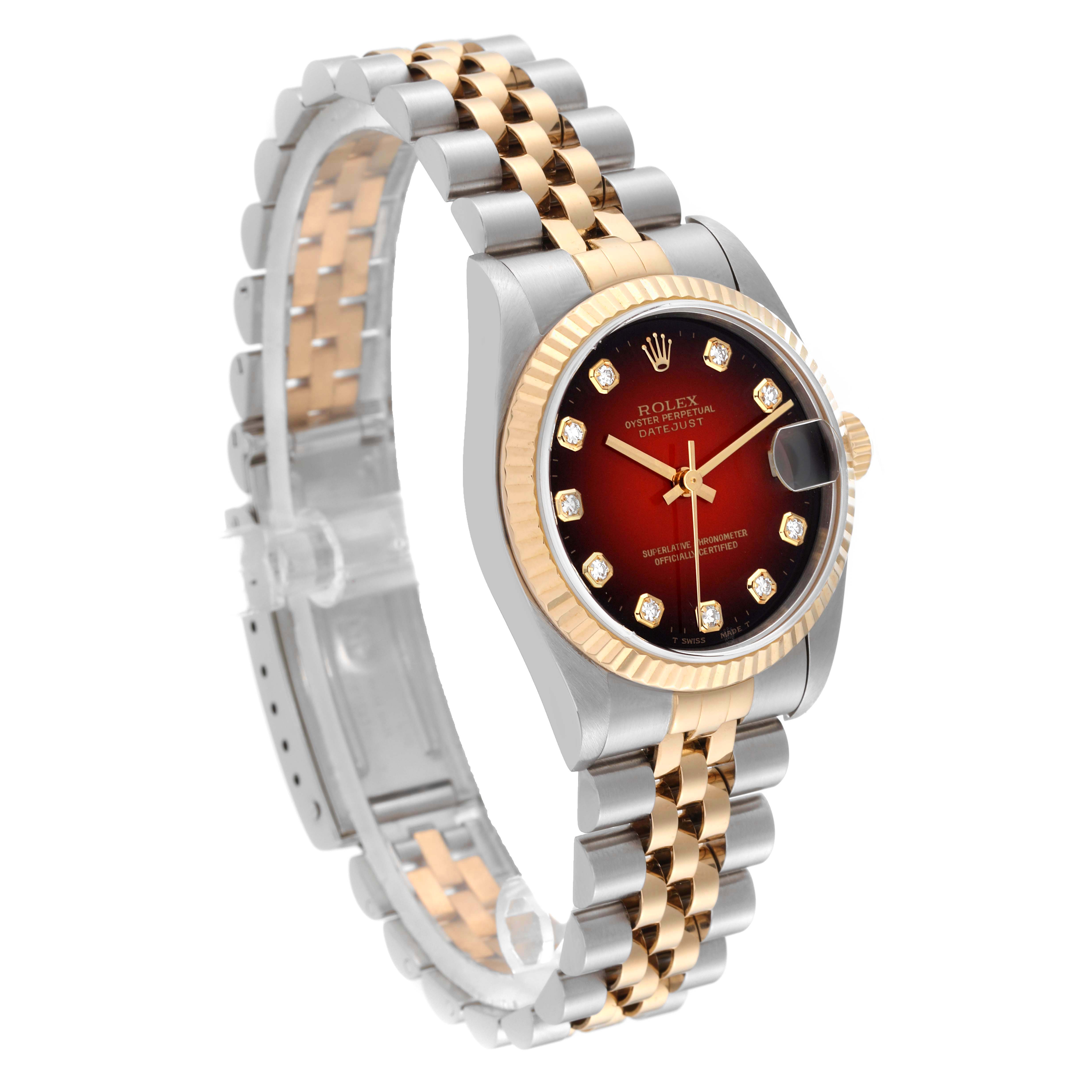 This image shows a Rolex Mid-Size 78273 Women's Steel and Gold (two tone) Red Dial 78273 Women's Steel and Gold (two tone) Red Dial watch with a jubilee bracelet, red dial, diamond markers, and a gold fluted bezel, angled from front-left.