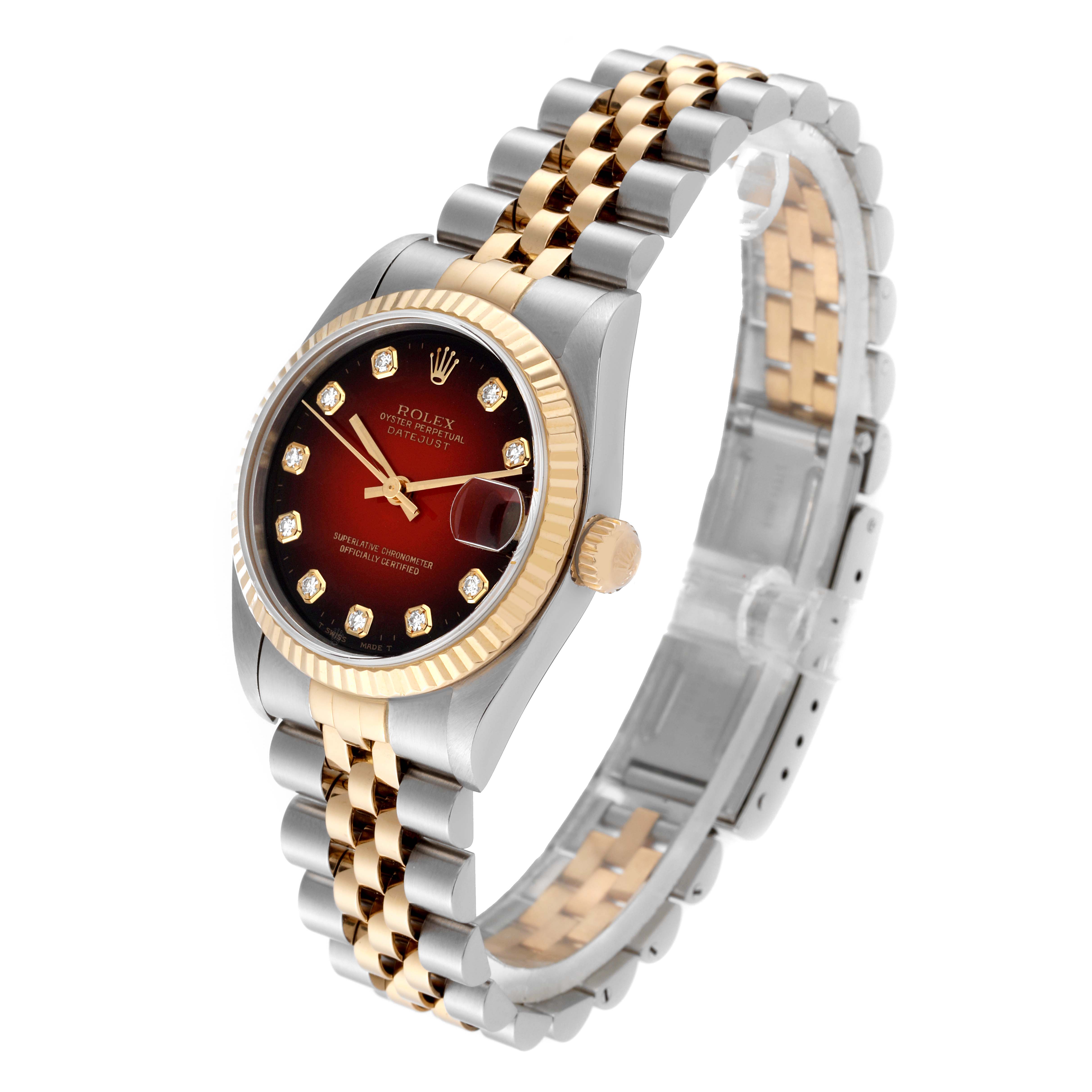 The image shows a Rolex Mid-Size 78273 Women's Steel and Gold (two tone) Red Dial 78273 Women's Steel and Gold (two tone) Red Dial watch at an oblique angle, highlighting the face, bezel, crown, and jubilee bracelet.