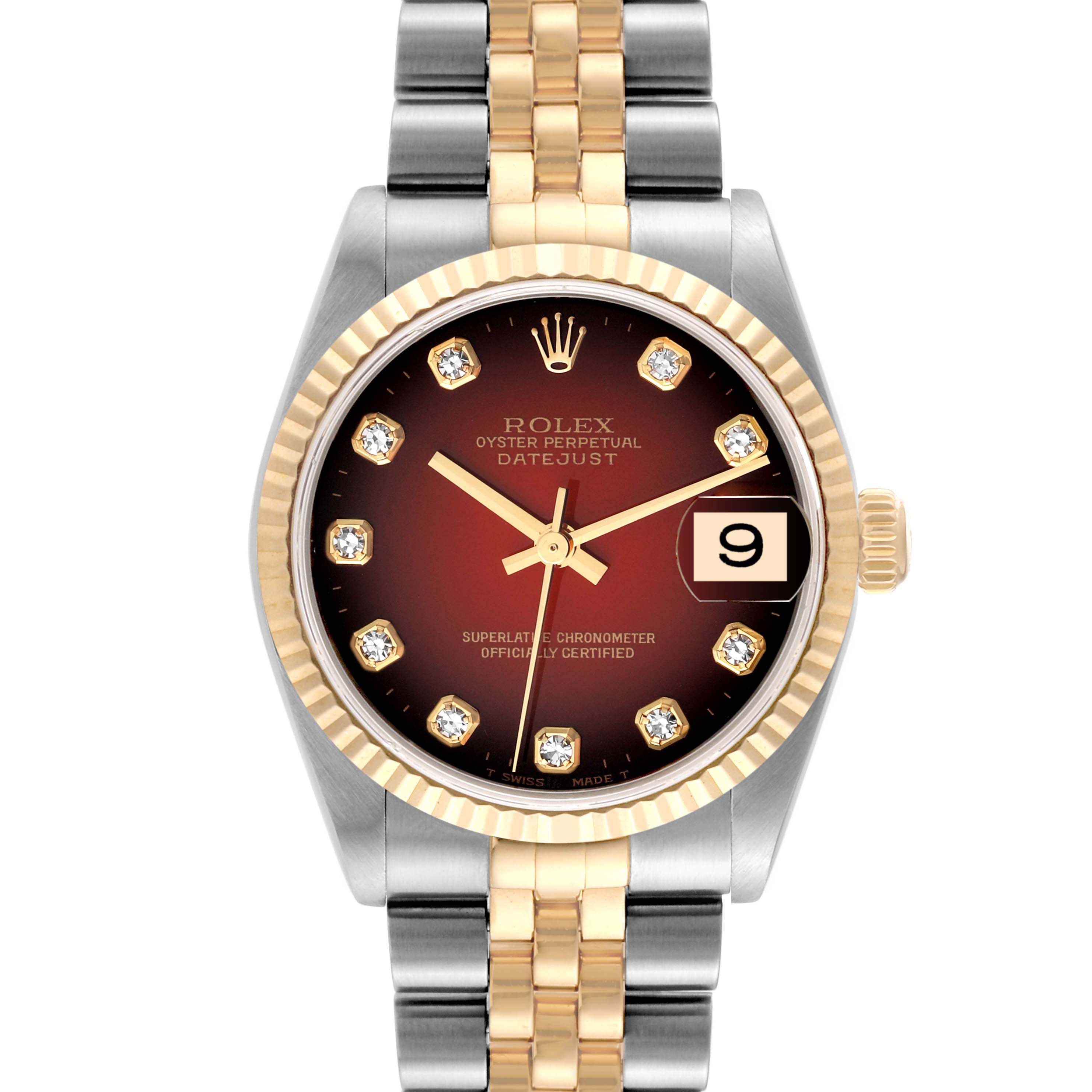 The image shows a front view of a Rolex Datejust Mid-Size watch, featuring a two-tone bracelet and date display.