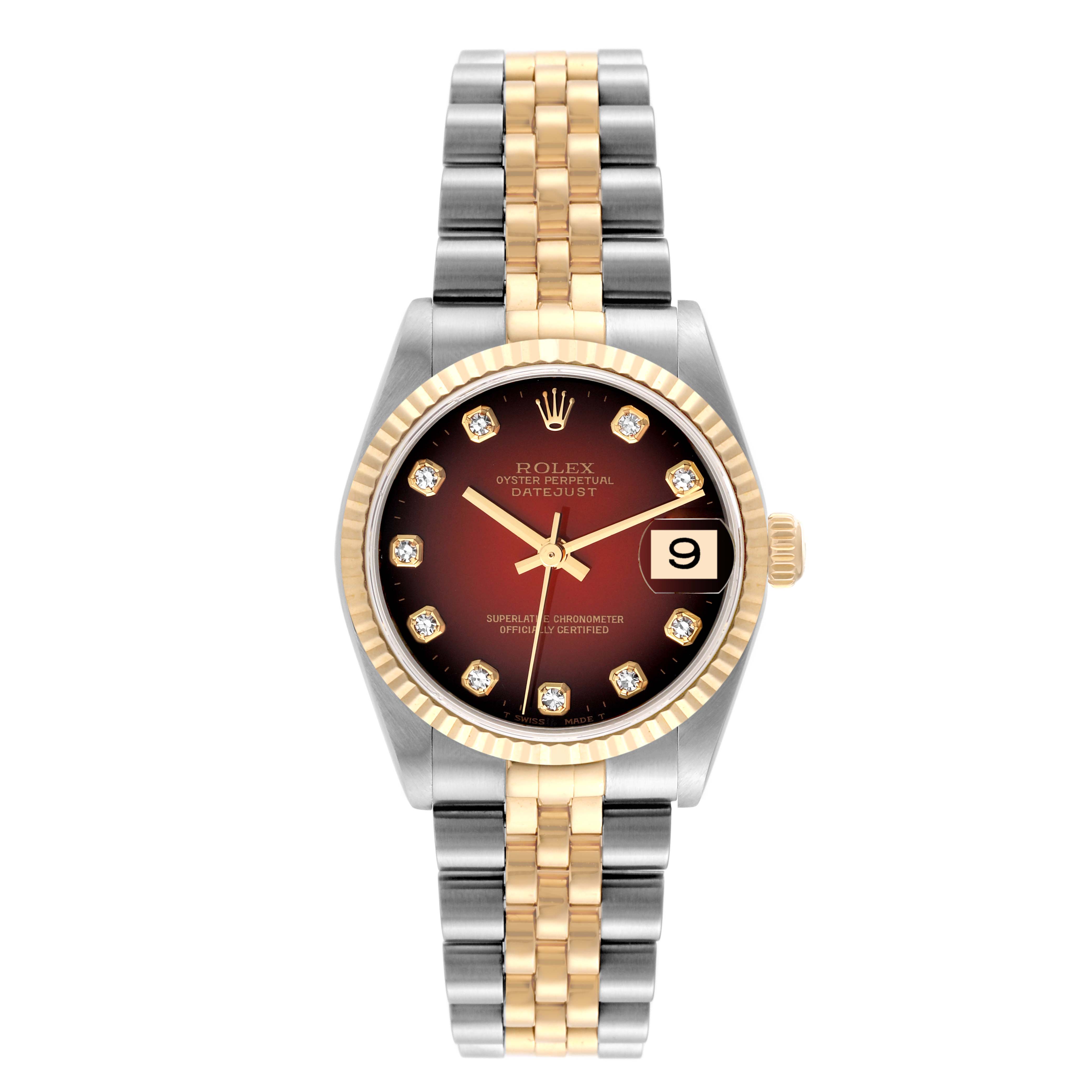 The image shows a front view of a Mid-Size Rolex Datejust watch with a two-tone band and a red dial.