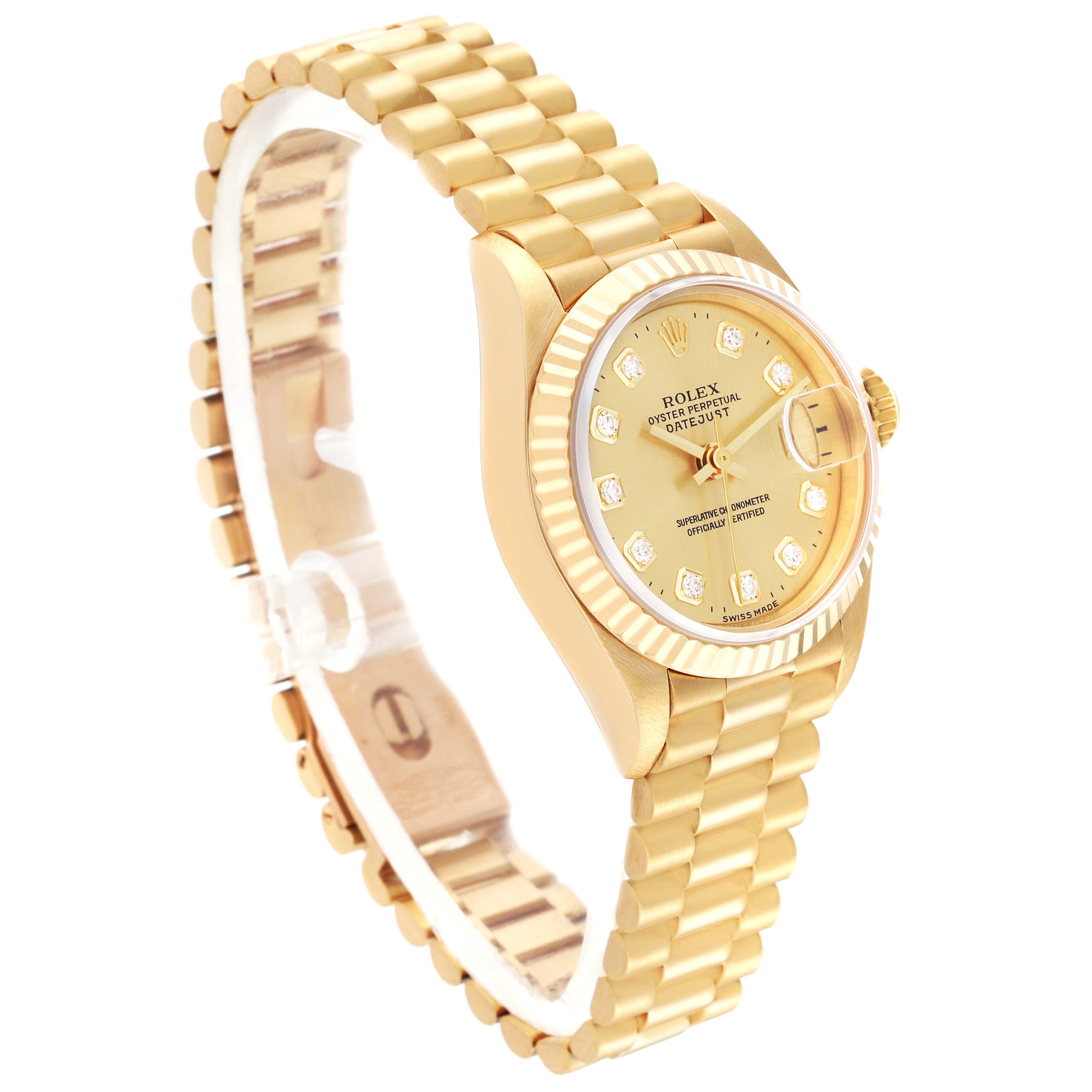 This Rolex President 69178 Women's Yellow Gold Beige Dial 69178 Women's Yellow Gold Beige Dial model watch is shown at a three-quarter angle, highlighting the dial, bezel, and band.