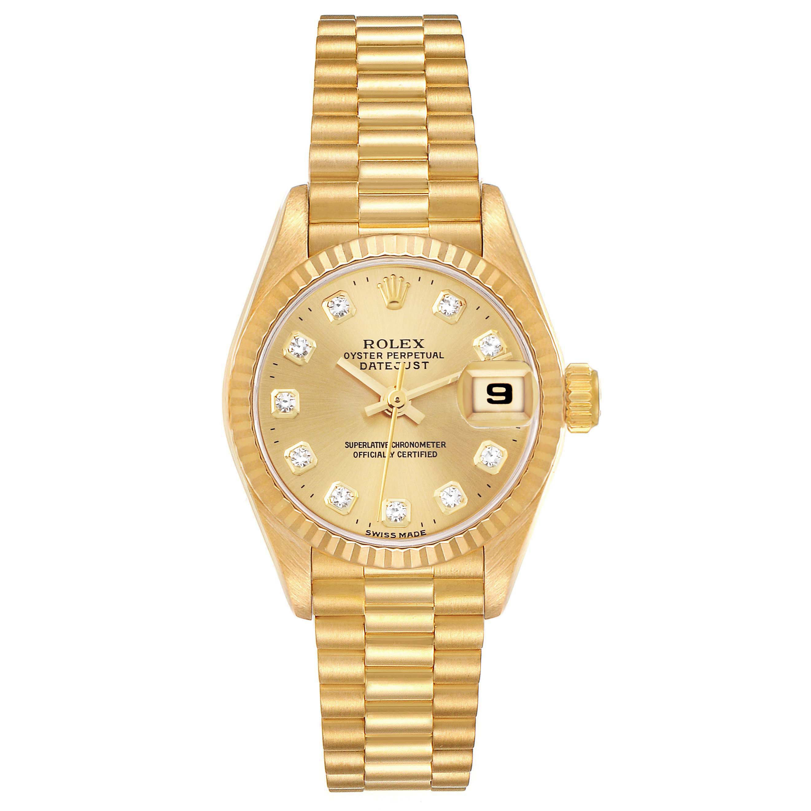 The image shows a front view of a Rolex President 69178 Women's Yellow Gold Beige Dial 69178 Women's Yellow Gold Beige Dial model watch with a gold band and diamond hour markers.