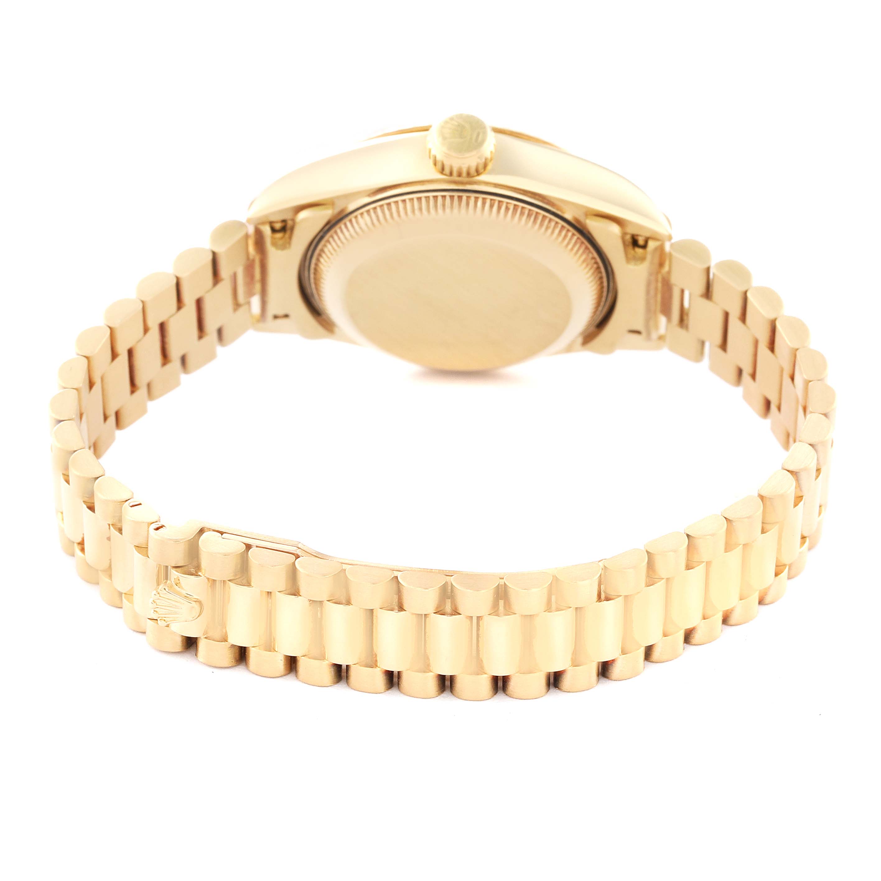 The image shows the back view of a Rolex President 69178 Women's Yellow Gold Beige Dial 69178 Women's Yellow Gold Beige Dial model watch, highlighting the case back and bracelet.