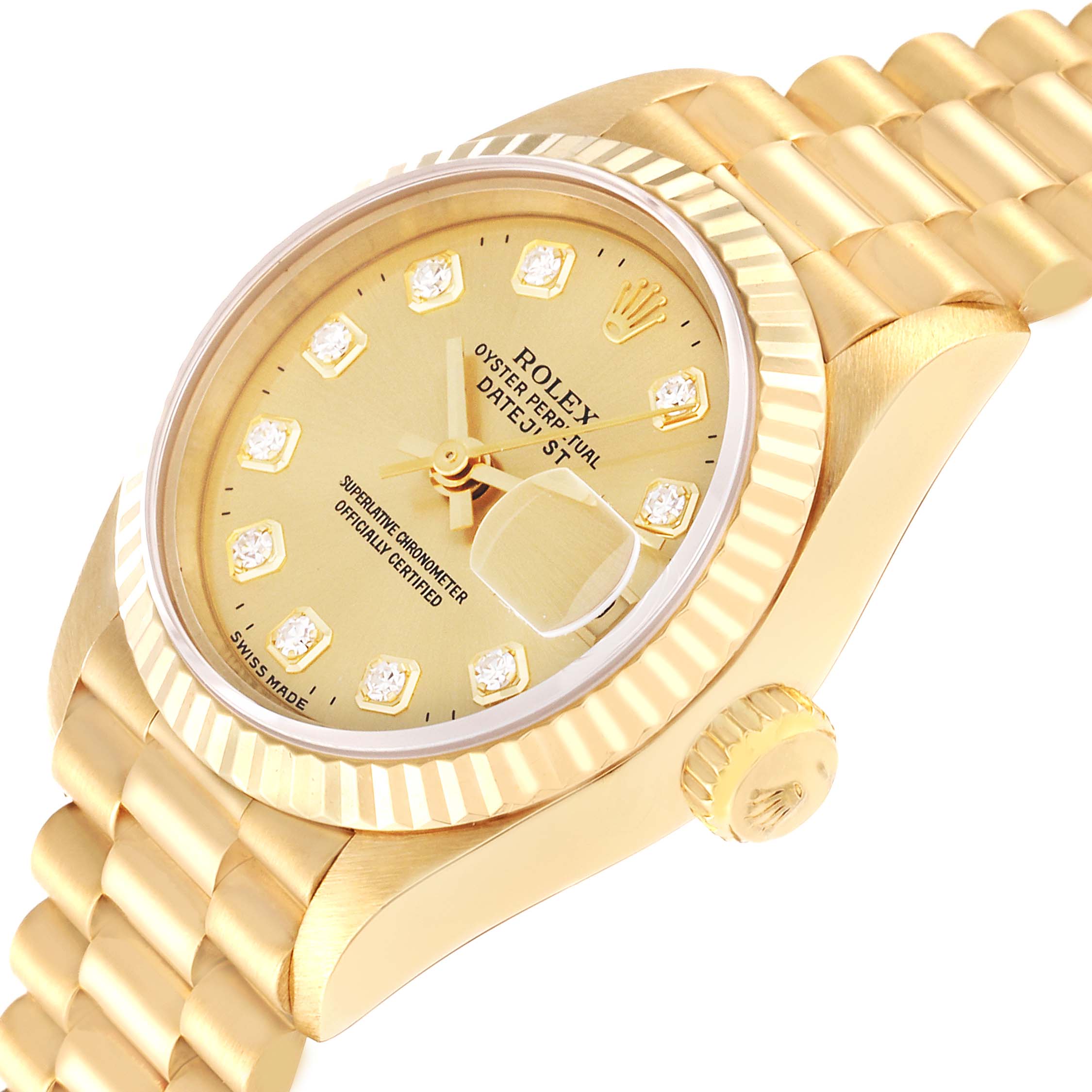 The image shows a close-up angle of a Rolex President 69178 Women's Yellow Gold Beige Dial 69178 Women's Yellow Gold Beige Dial model watch, focusing on the dial, bezel, crown, and part of the bracelet.