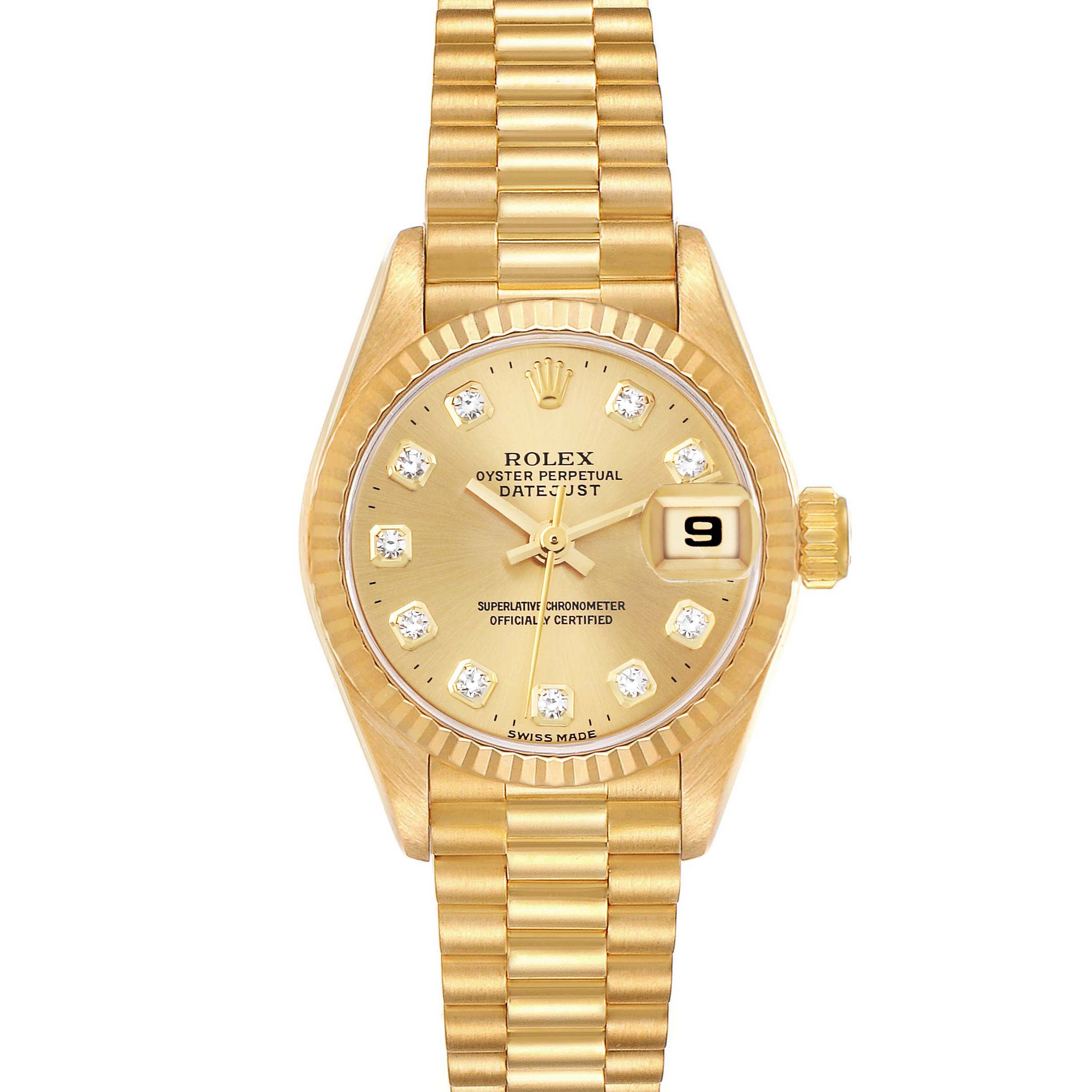 The Rolex President 69178 Women's Yellow Gold Beige Dial 69178 Women's Yellow Gold Beige Dial model watch is shown from a front angle, displaying its round dial, date window, bracelet, and bezel.