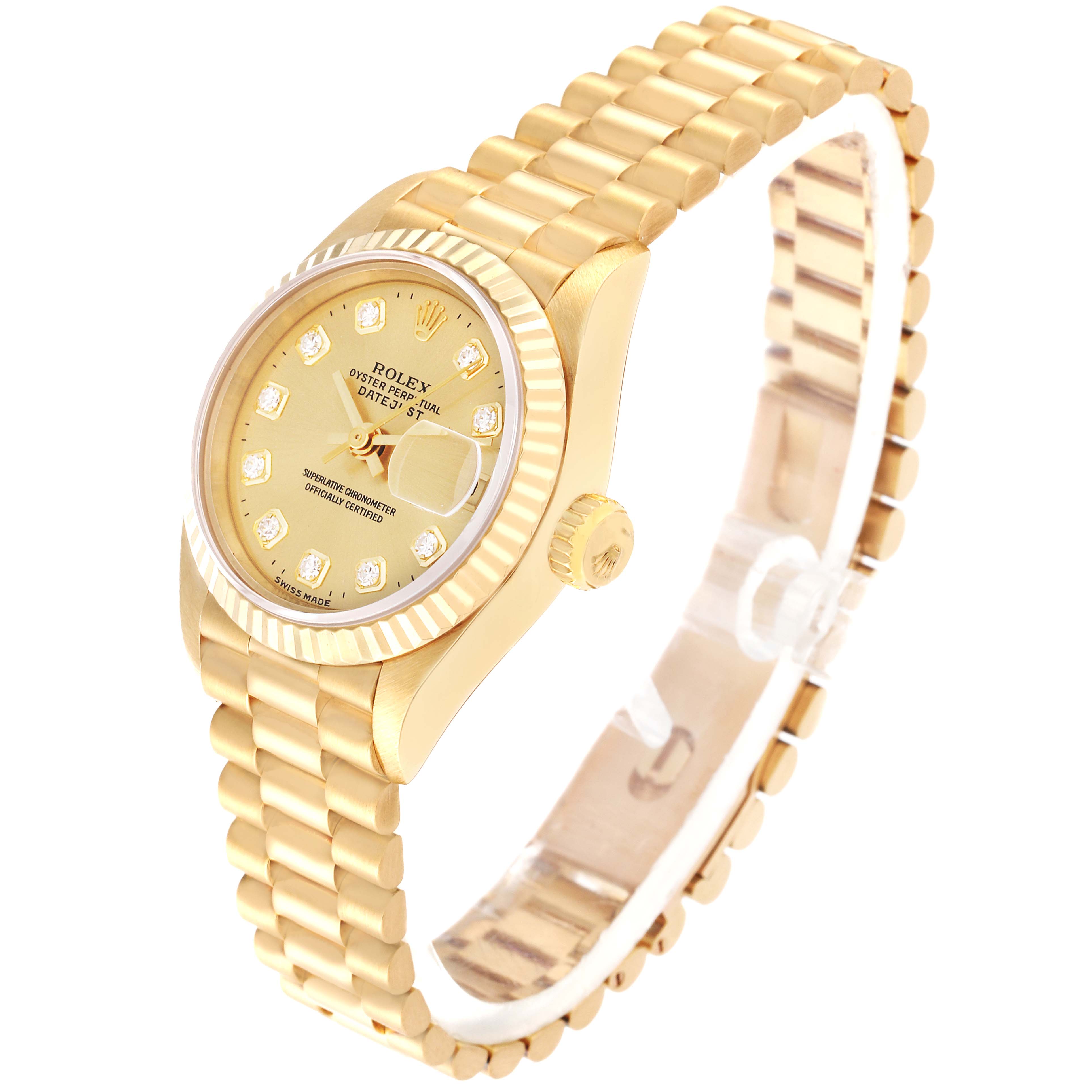 The image shows a Rolex President 69178 Women's Yellow Gold Beige Dial 69178 Women's Yellow Gold Beige Dial model watch at an oblique angle, highlighting the gold dial, diamond indexes, fluted bezel, and bracelet.
