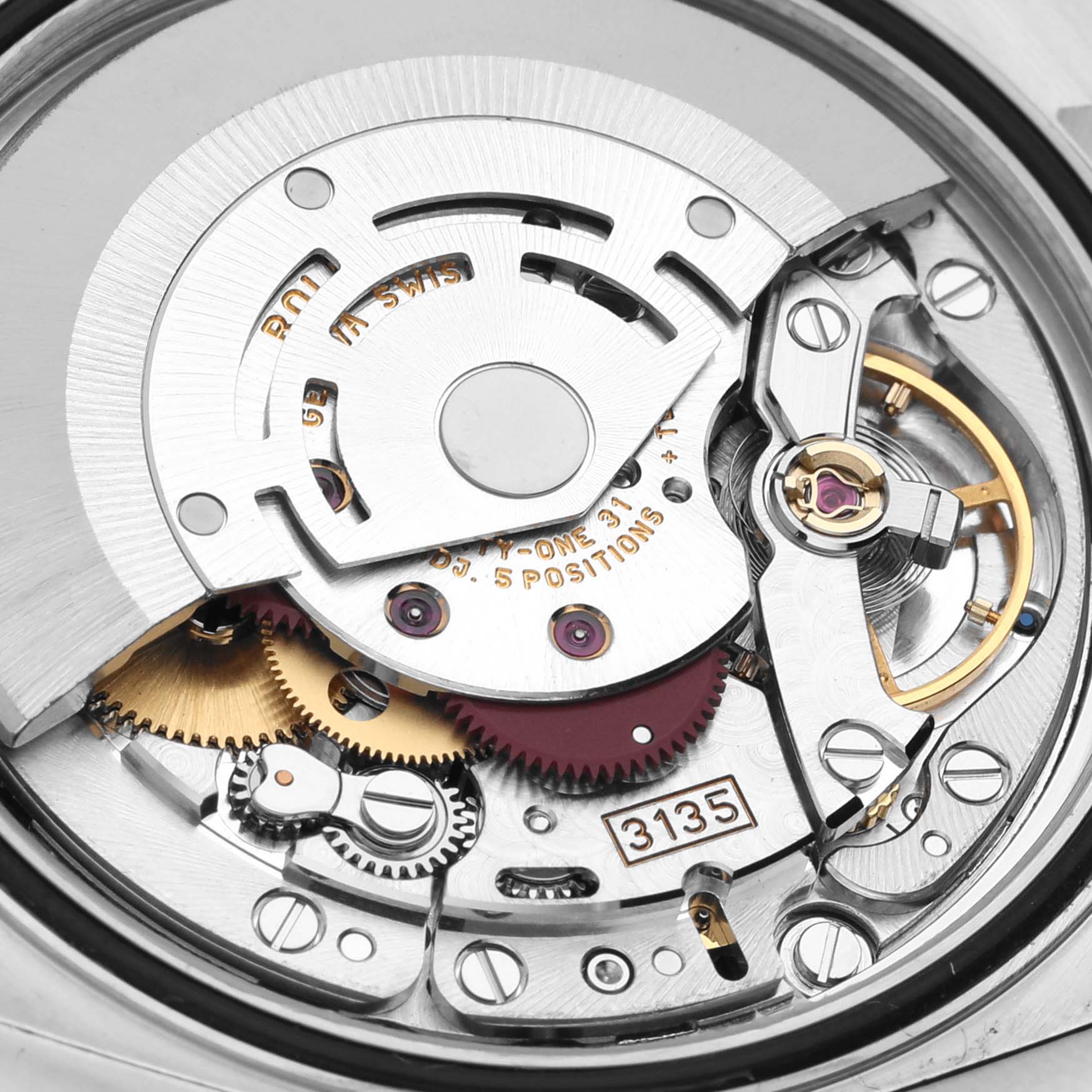 This image shows the movement and internal mechanism of a Rolex Datejust 16234 Men's Stainless Steel Silver Dial 16234 Men's Stainless Steel Silver Dial watch from an angle directly above.