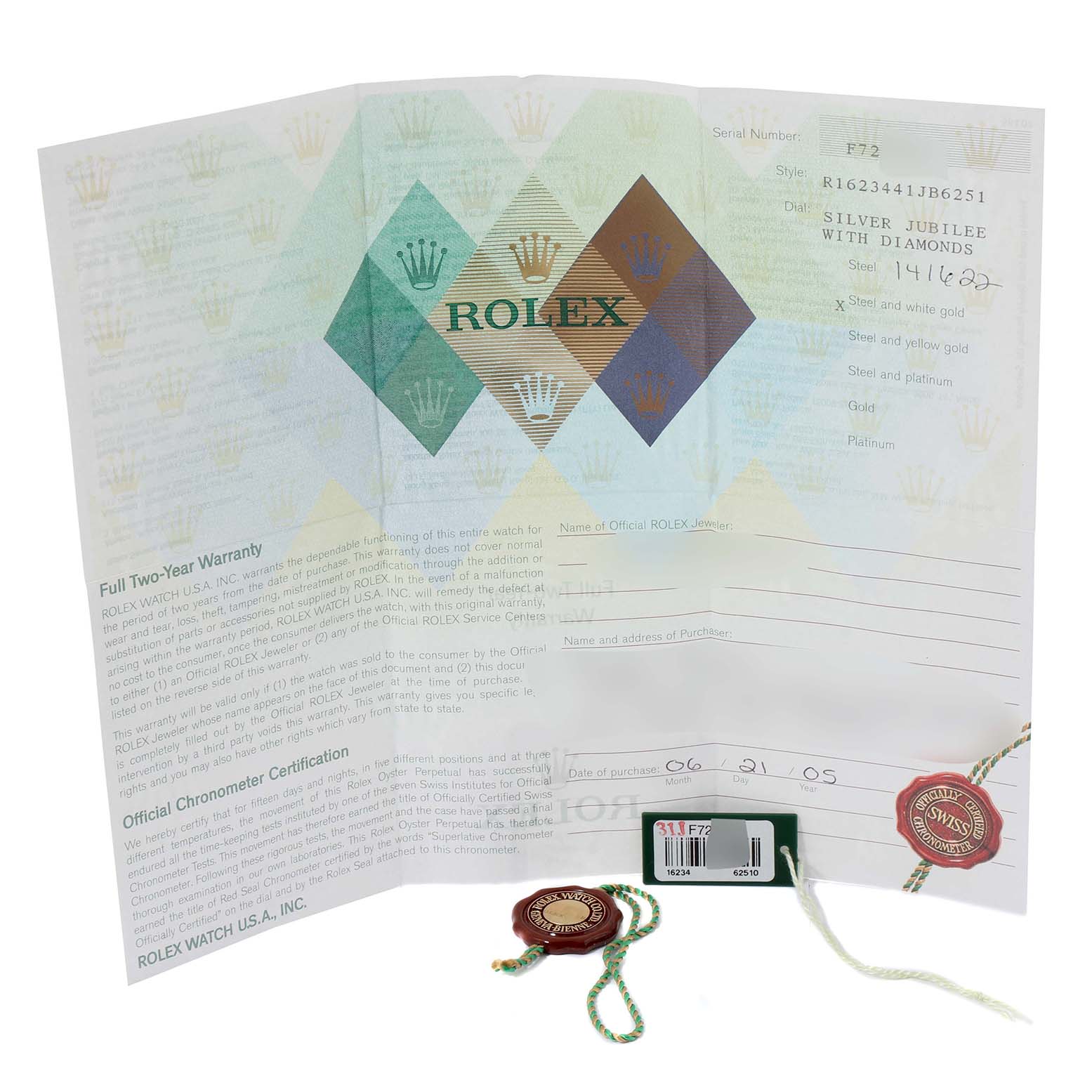 The image shows the warranty papers, tags, and accessories for a Rolex Datejust 16234 Men's Stainless Steel Silver Dial 16234 Men's Stainless Steel Silver Dial watch.