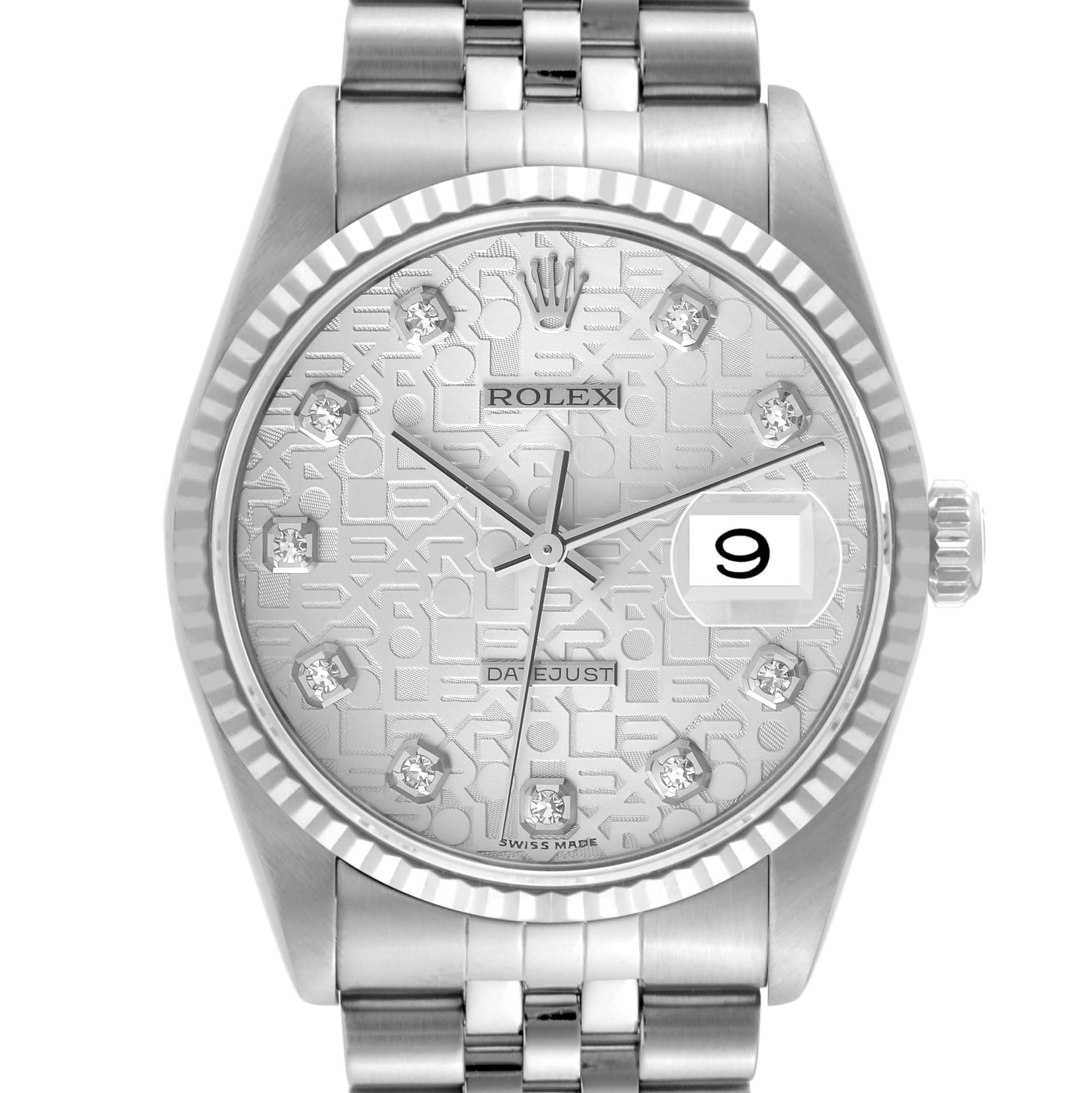 This image shows a front view of a Rolex Datejust 16234 Men's Stainless Steel Silver Dial 16234 Men's Stainless Steel Silver Dial watch, highlighting the dial, date window, and part of the bracelet.