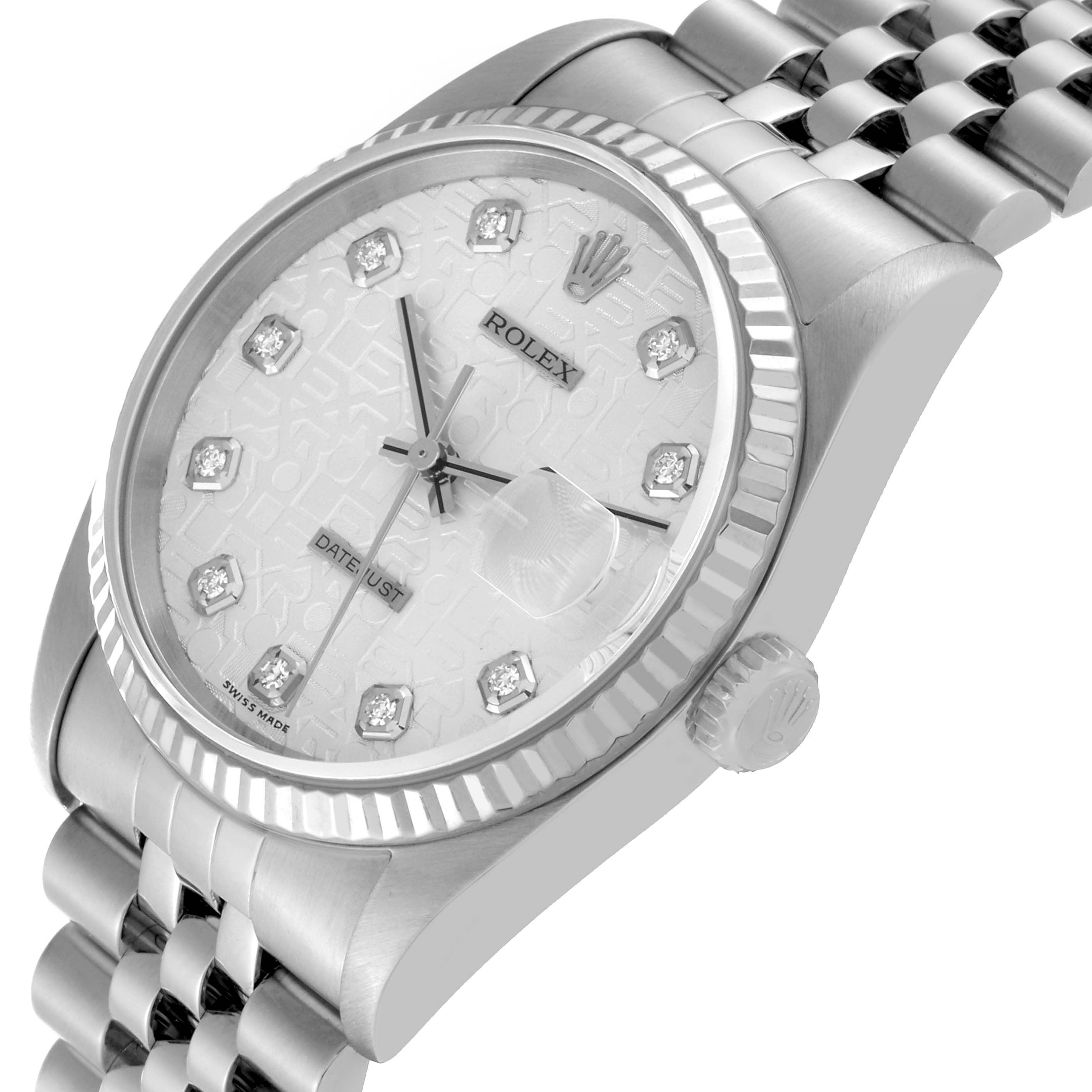 This is a close-up angled view of the Rolex Datejust 16234 Men's Stainless Steel Silver Dial 16234 Men's Stainless Steel Silver Dial watch, showcasing the dial, bezel, crown, and part of the bracelet.