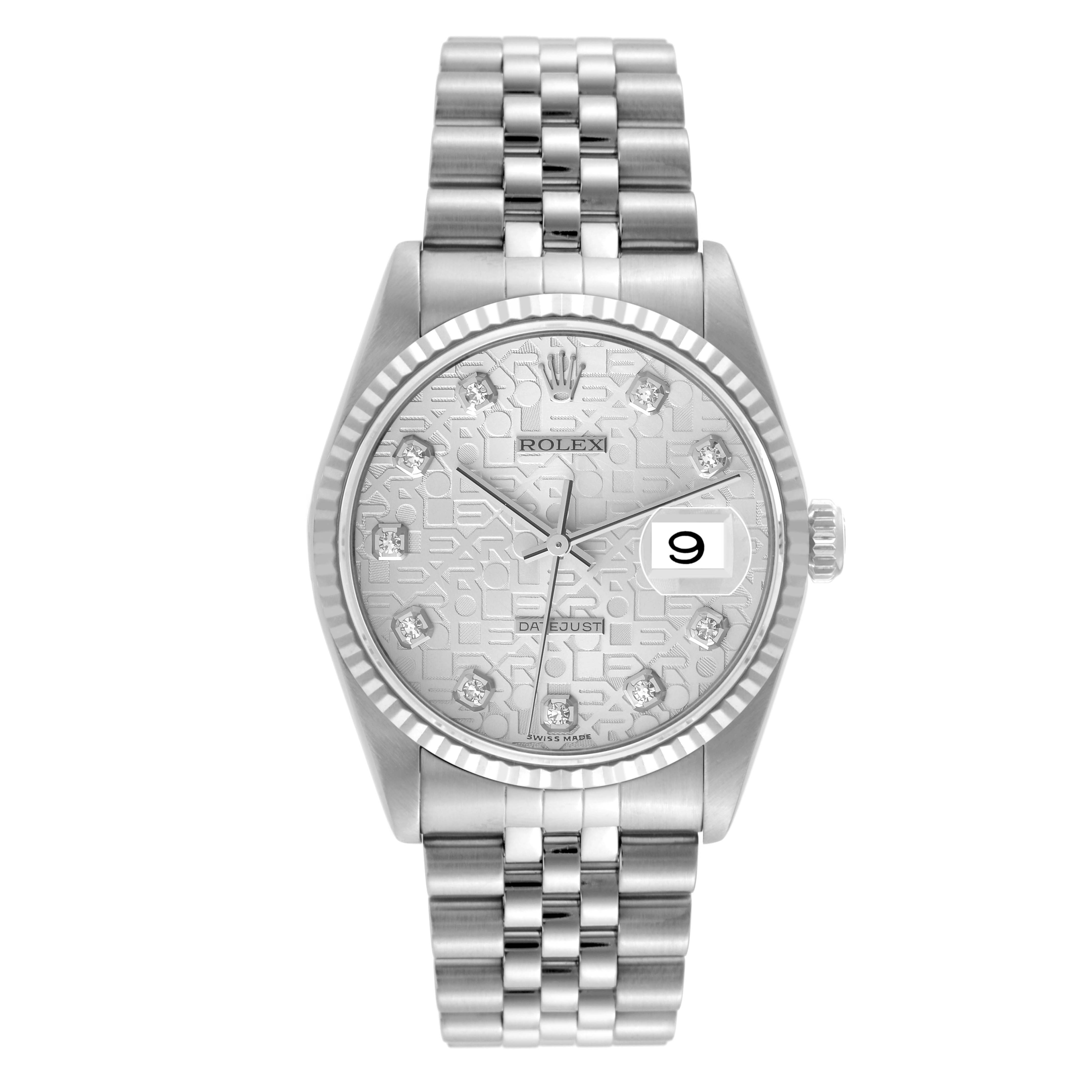 This image shows a front view of a Rolex Datejust 16234 Men's Stainless Steel Silver Dial 16234 Men's Stainless Steel Silver Dial watch featuring the dial, bezel, crown, and bracelet.
