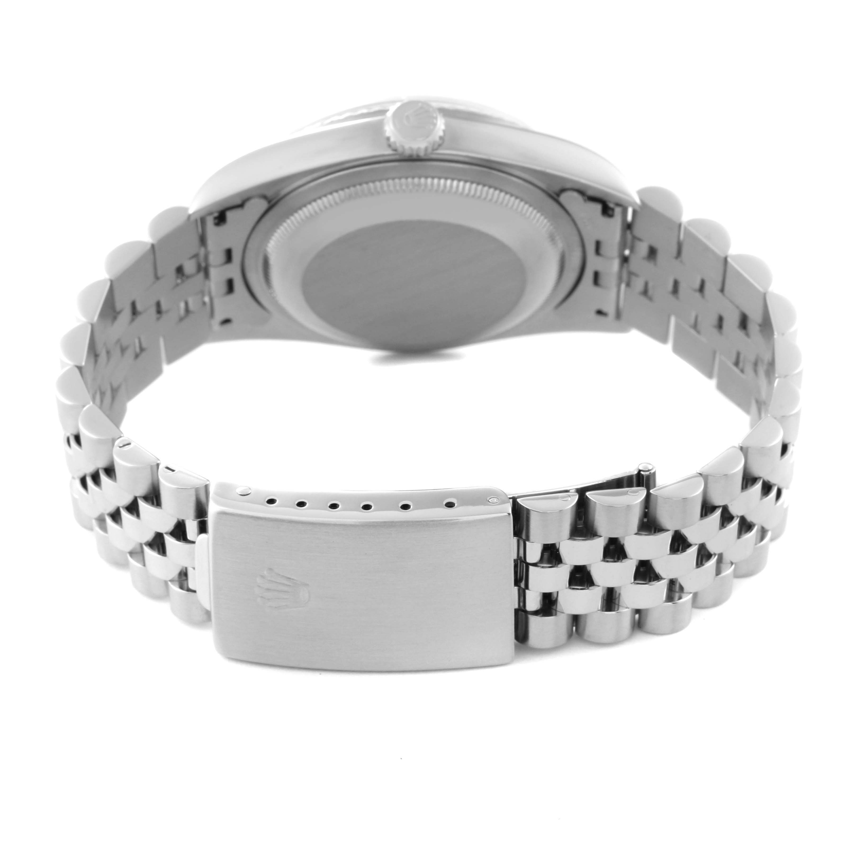 The image shows the backside and bracelet clasp of a Rolex Datejust 16234 Men's Stainless Steel Silver Dial 16234 Men's Stainless Steel Silver Dial watch.