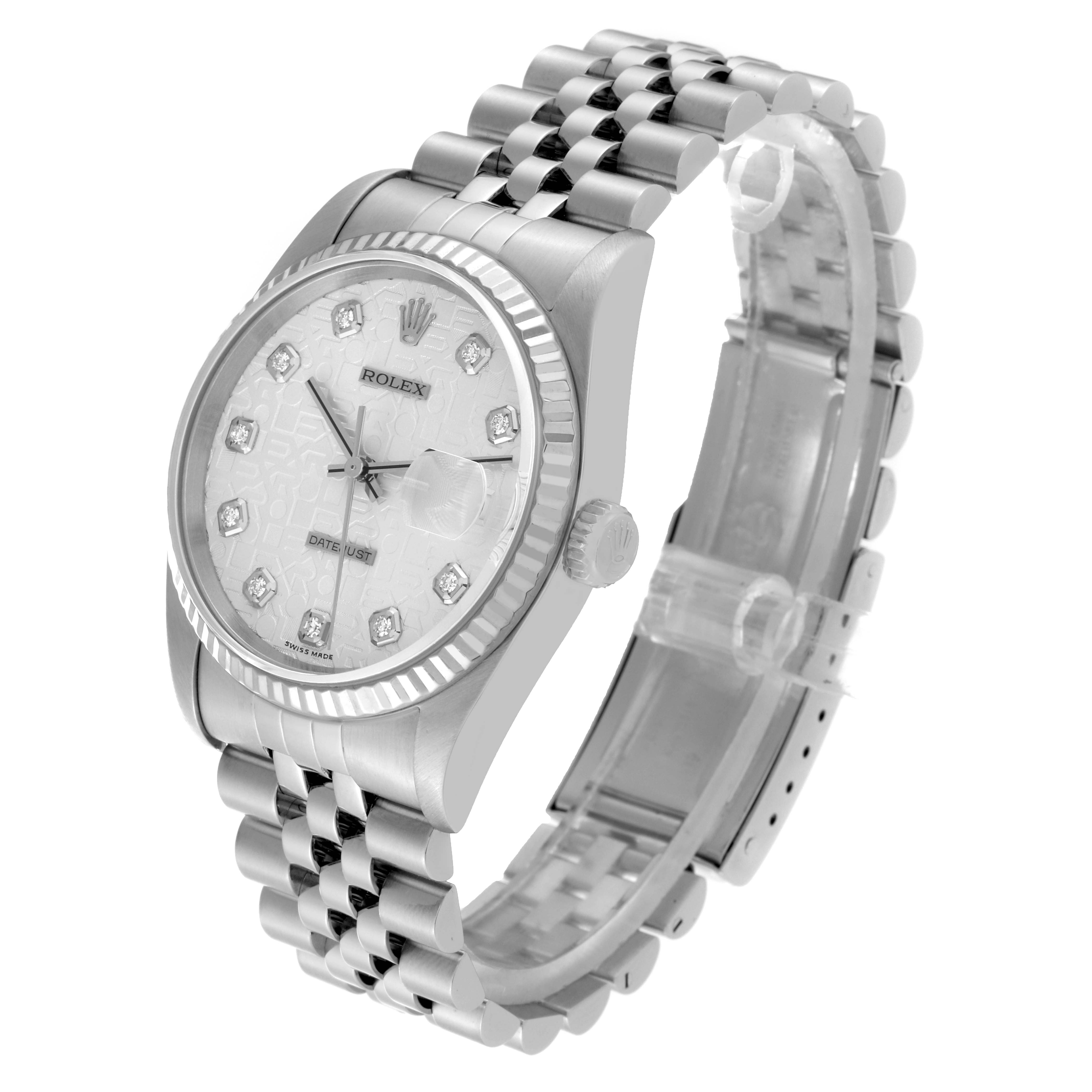 The image shows a Rolex Datejust 16234 Men's Stainless Steel Silver Dial 16234 Men's Stainless Steel Silver Dial watch at a three-quarter angle, highlighting its face, bezel, crown, and bracelet.