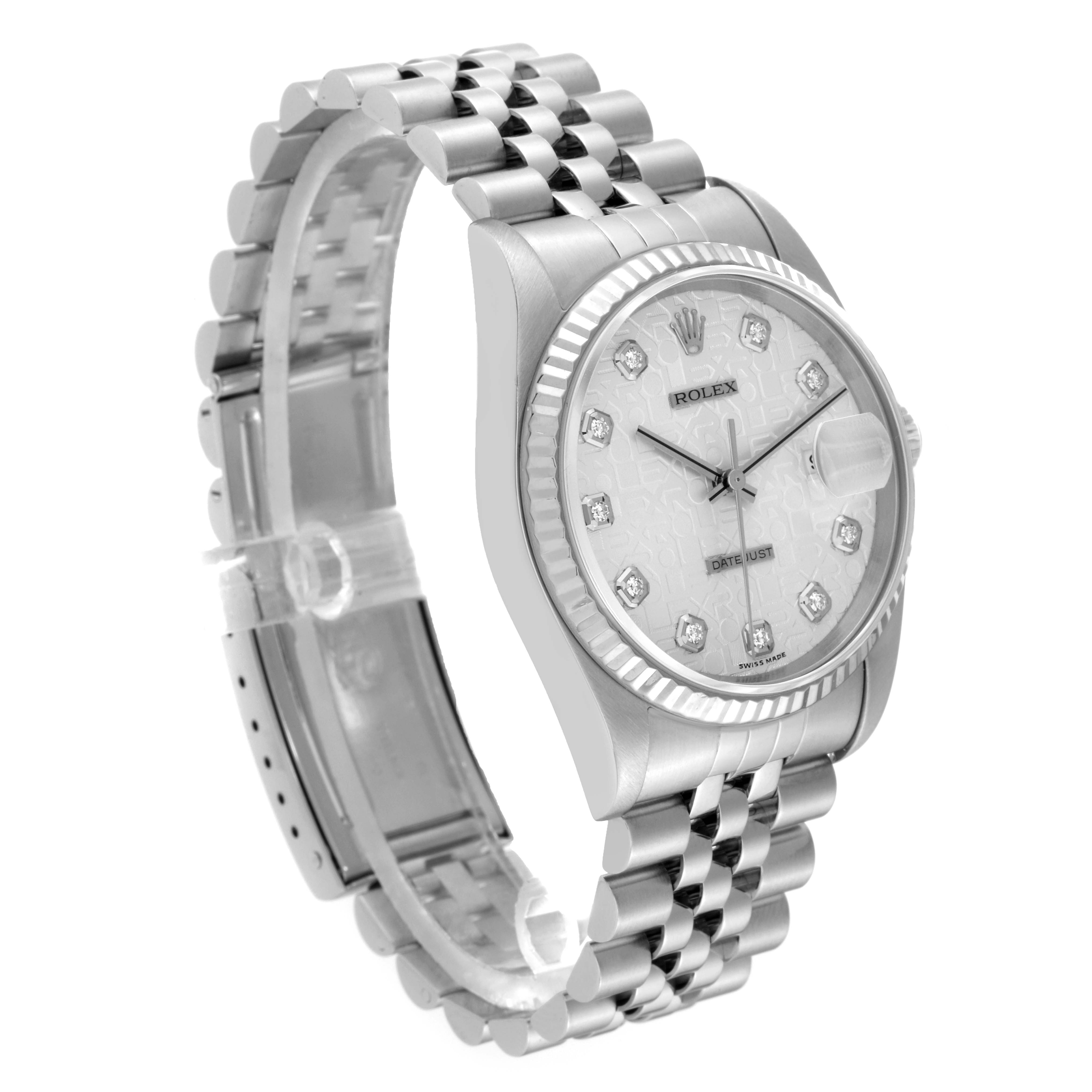 The image shows a Rolex Datejust 16234 Men's Stainless Steel Silver Dial 16234 Men's Stainless Steel Silver Dial watch angled slightly from the side, displaying the bracelet, case, bezel, and face with date.