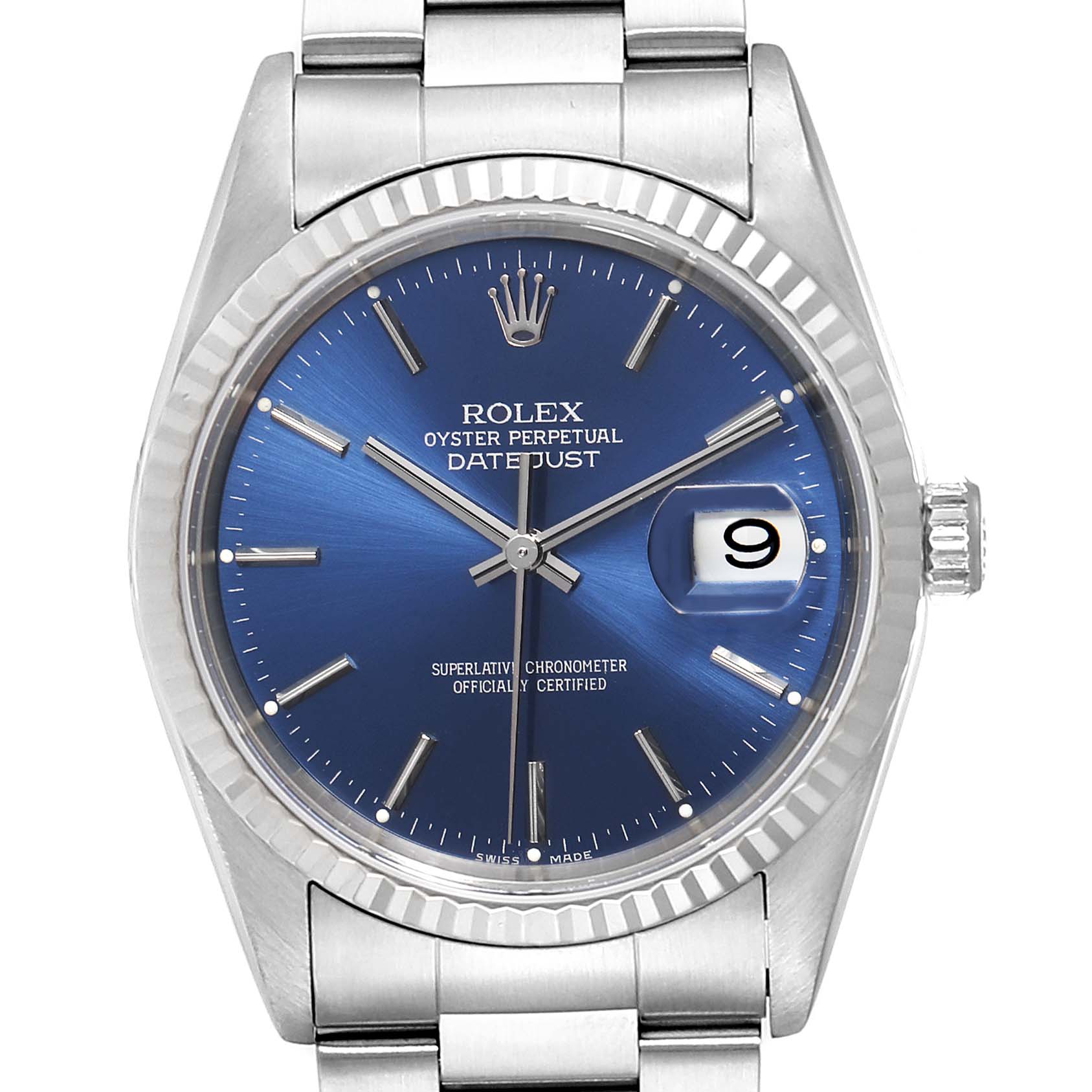 The image shows a front-facing view of the Rolex Datejust 16234 Men
s Stainless Steel Blue Dial 16234 Men
s Stainless Steel Blue Dial watch with a blue dial and date display.