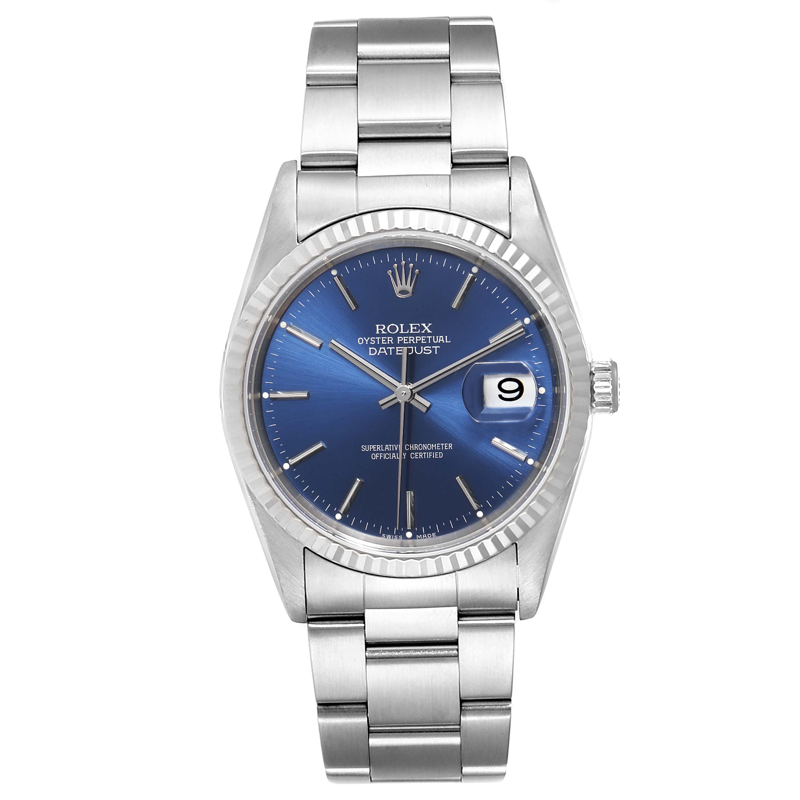 The image shows a Rolex Datejust 16234 Men
s Stainless Steel Blue Dial 16234 Men
s Stainless Steel Blue Dial watch from a front angle, highlighting its blue dial, date window, and stainless steel bracelet.