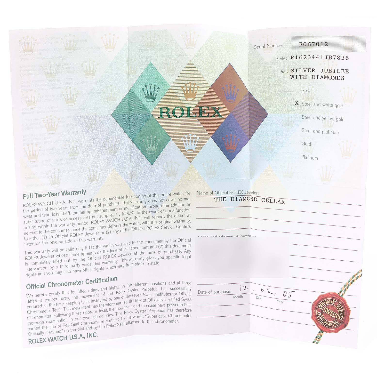 This image shows the warranty and certification documents for a Rolex Datejust 16234 Men
s Stainless Steel Blue Dial 16234 Men
s Stainless Steel Blue Dial watch, model listed as Silver Jubilee with diamonds.