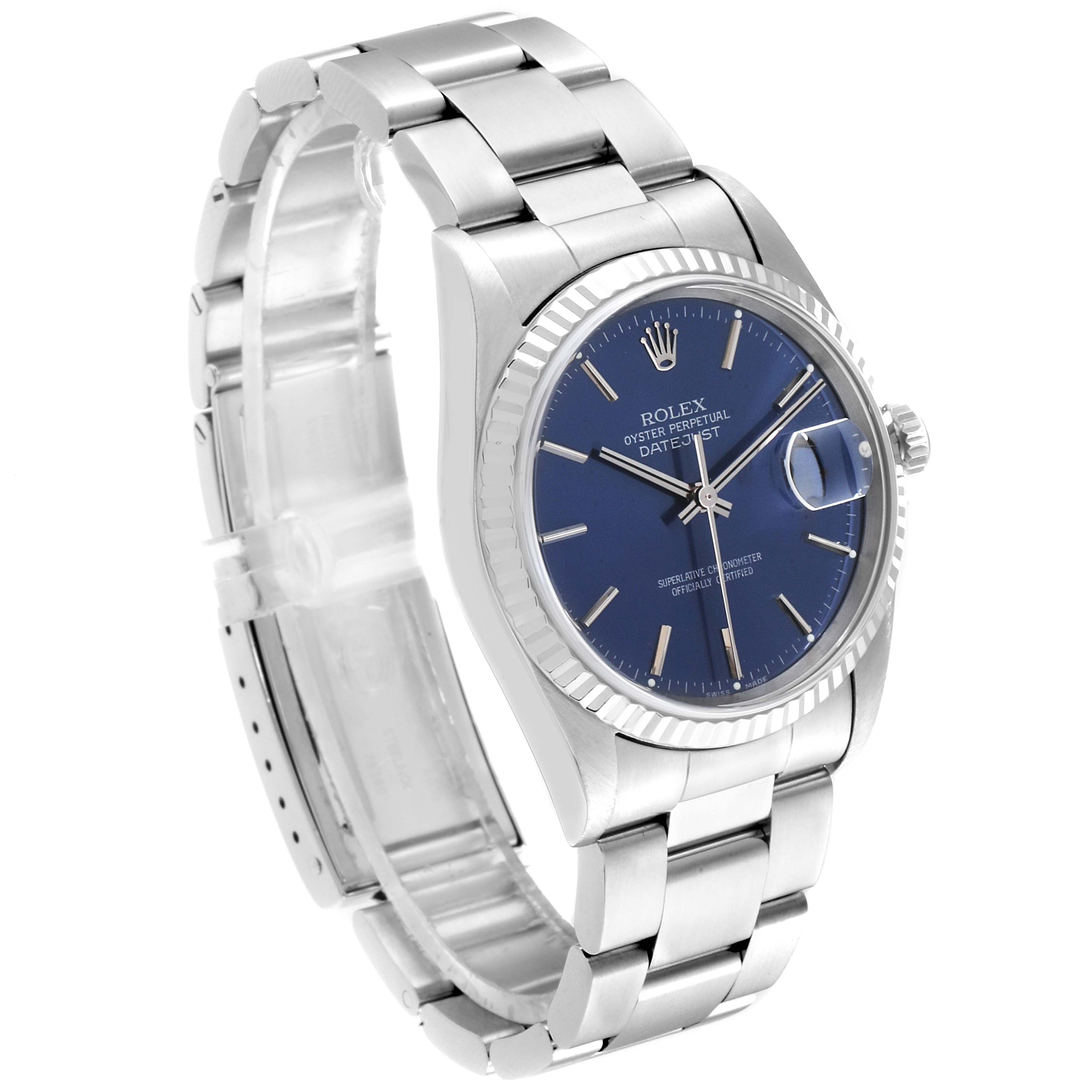 This Rolex Datejust 16234 Men
s Stainless Steel Blue Dial 16234 Men
s Stainless Steel Blue Dial watch is shown at a front three-quarter angle, highlighting its blue dial, fluted bezel, and stainless steel bracelet.