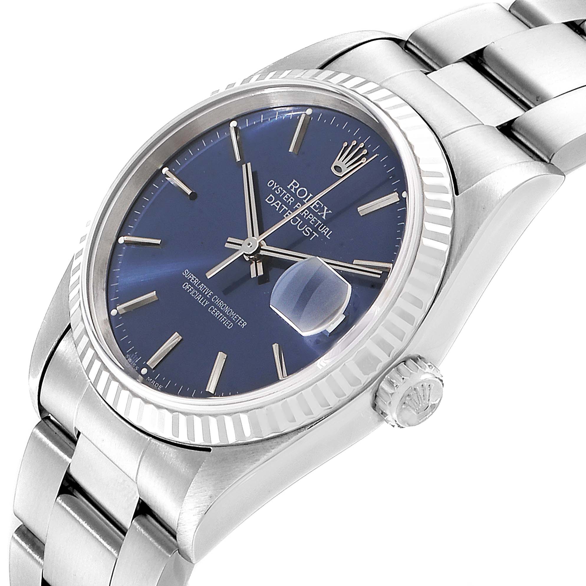 The image shows a Rolex Datejust 16234 Men
s Stainless Steel Blue Dial 16234 Men
s Stainless Steel Blue Dial watch from an angled side view, highlighting the dial, bezel, crown, and part of the bracelet.