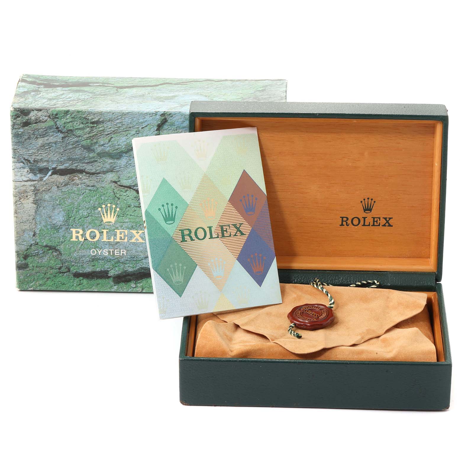 The image shows a Rolex Datejust 16234 Men
s Stainless Steel Blue Dial 16234 Men
s Stainless Steel Blue Dial box with the outer box, inner wooden box, and a booklet, viewed from the front.