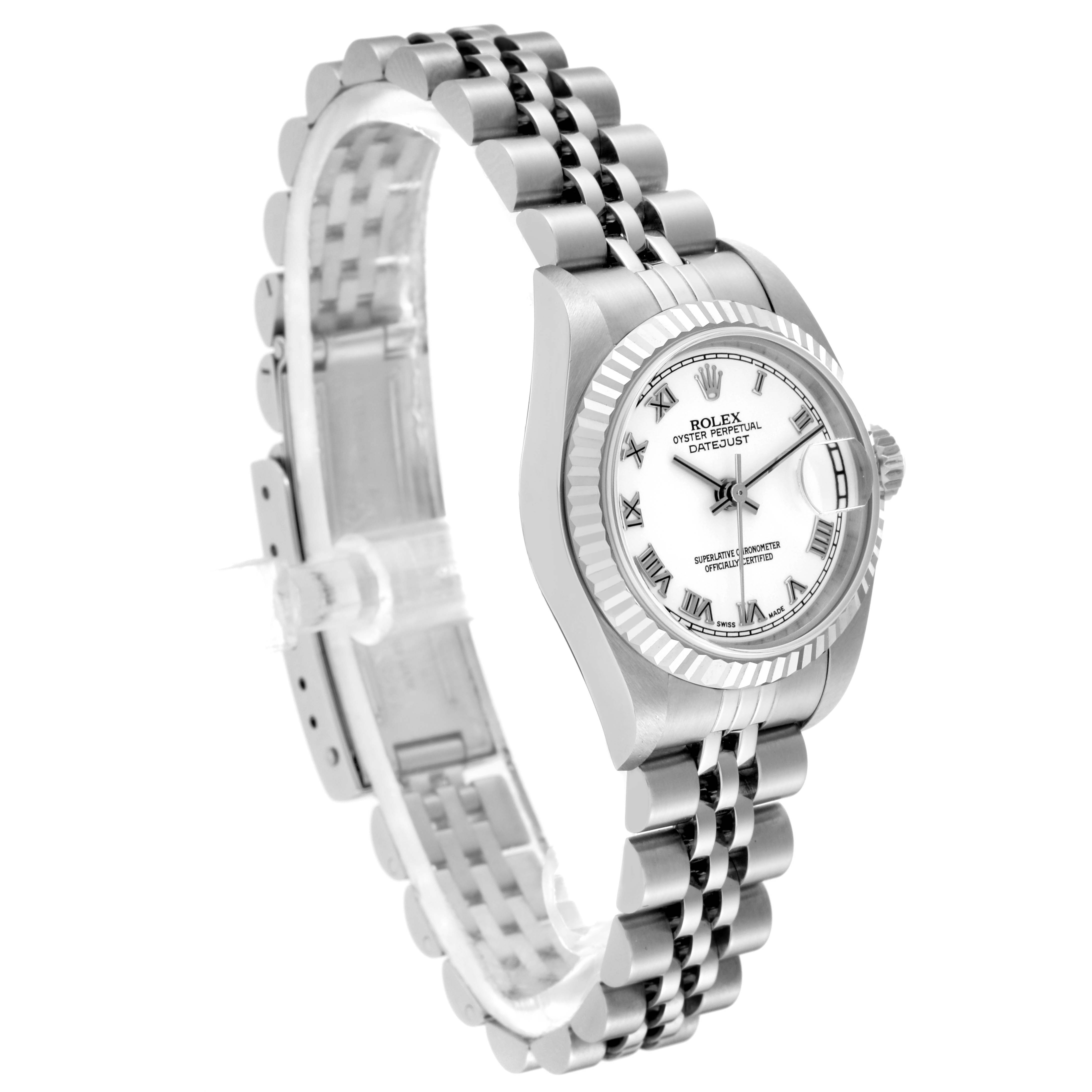 The image shows a side-angle view of a Rolex Datejust 79174 Women's Stainless Steel White Dial 79174 Women's Stainless Steel White Dial watch, displaying its dial, bezel, crown, and Jubilee bracelet.