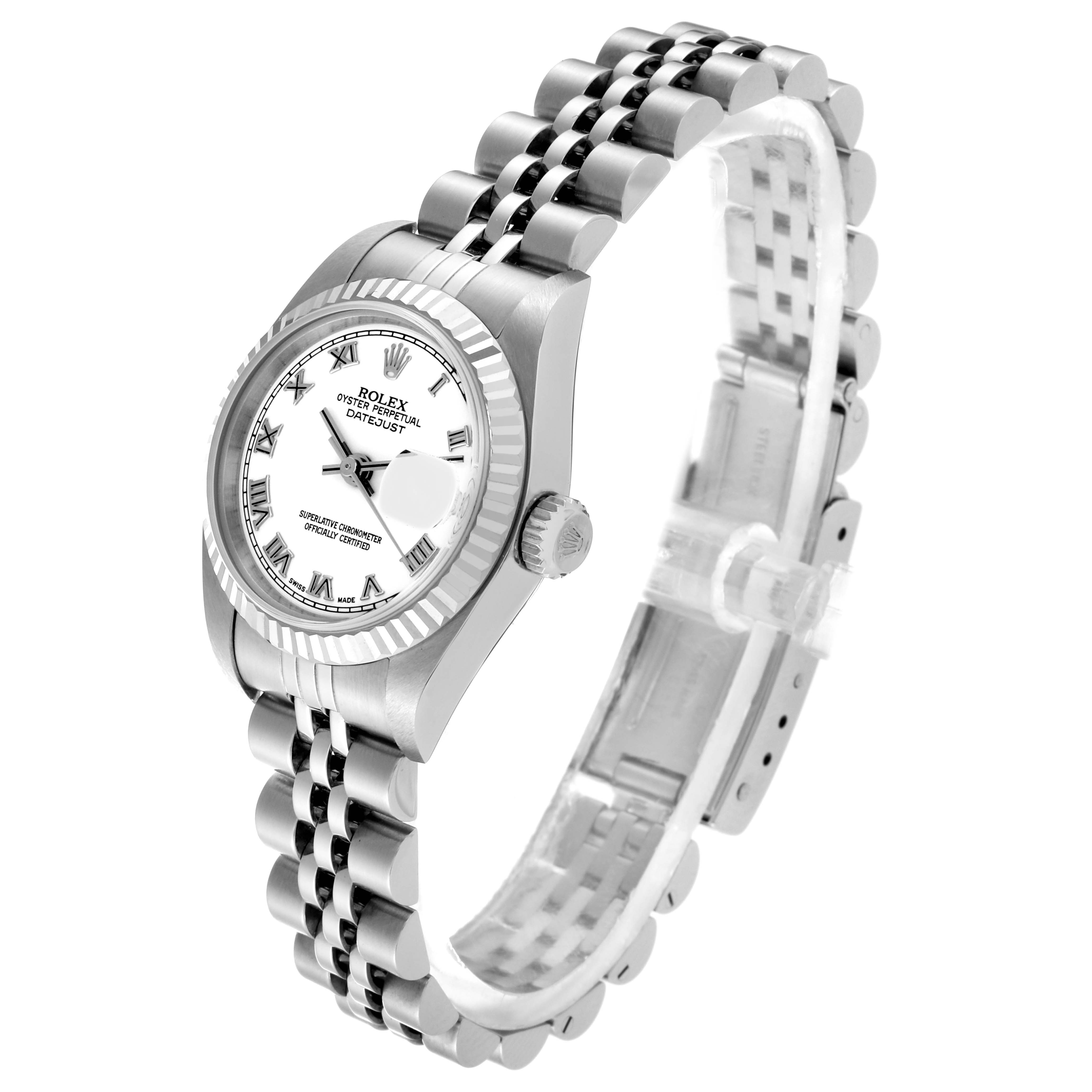 This image shows a side and front angle of a Rolex Datejust 79174 Women's Stainless Steel White Dial 79174 Women's Stainless Steel White Dial watch, highlighting its bracelet, bezel, dial, and crown.
