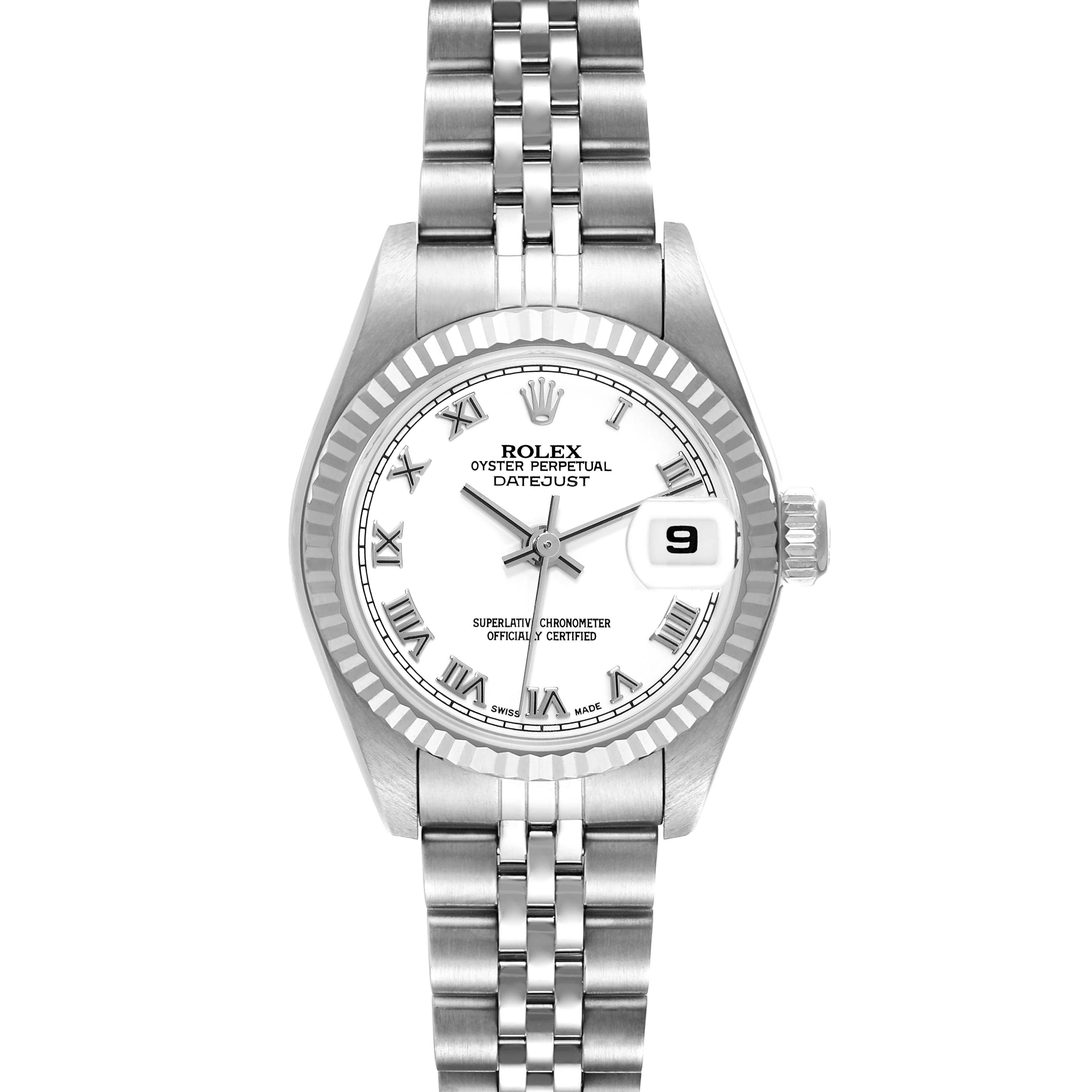 The image shows a frontal view of a Rolex Datejust 79174 Women's Stainless Steel White Dial 79174 Women's Stainless Steel White Dial watch, displaying its face, band, and date window.