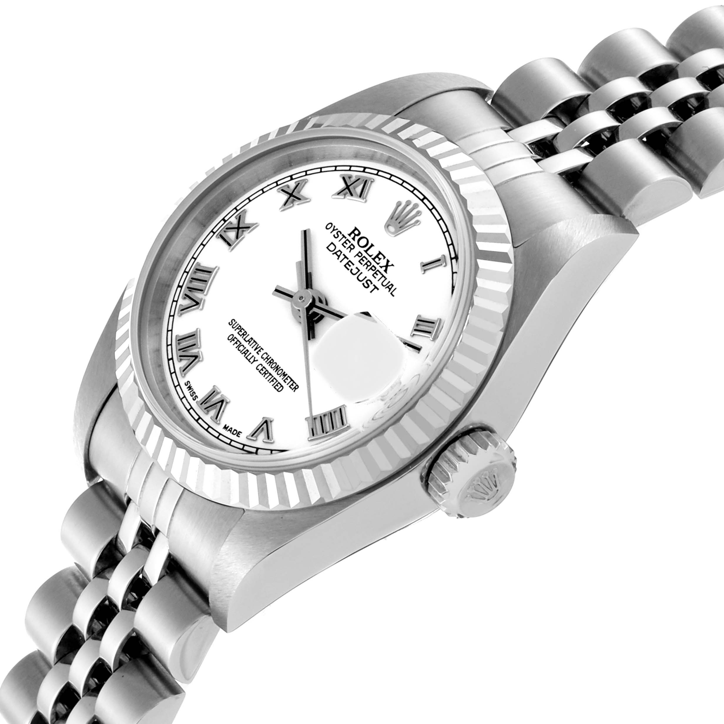 The image shows a side-angle view of a Rolex Datejust 79174 Women's Stainless Steel White Dial 79174 Women's Stainless Steel White Dial, highlighting the dial, fluted bezel, crown, and part of the jubilee bracelet.