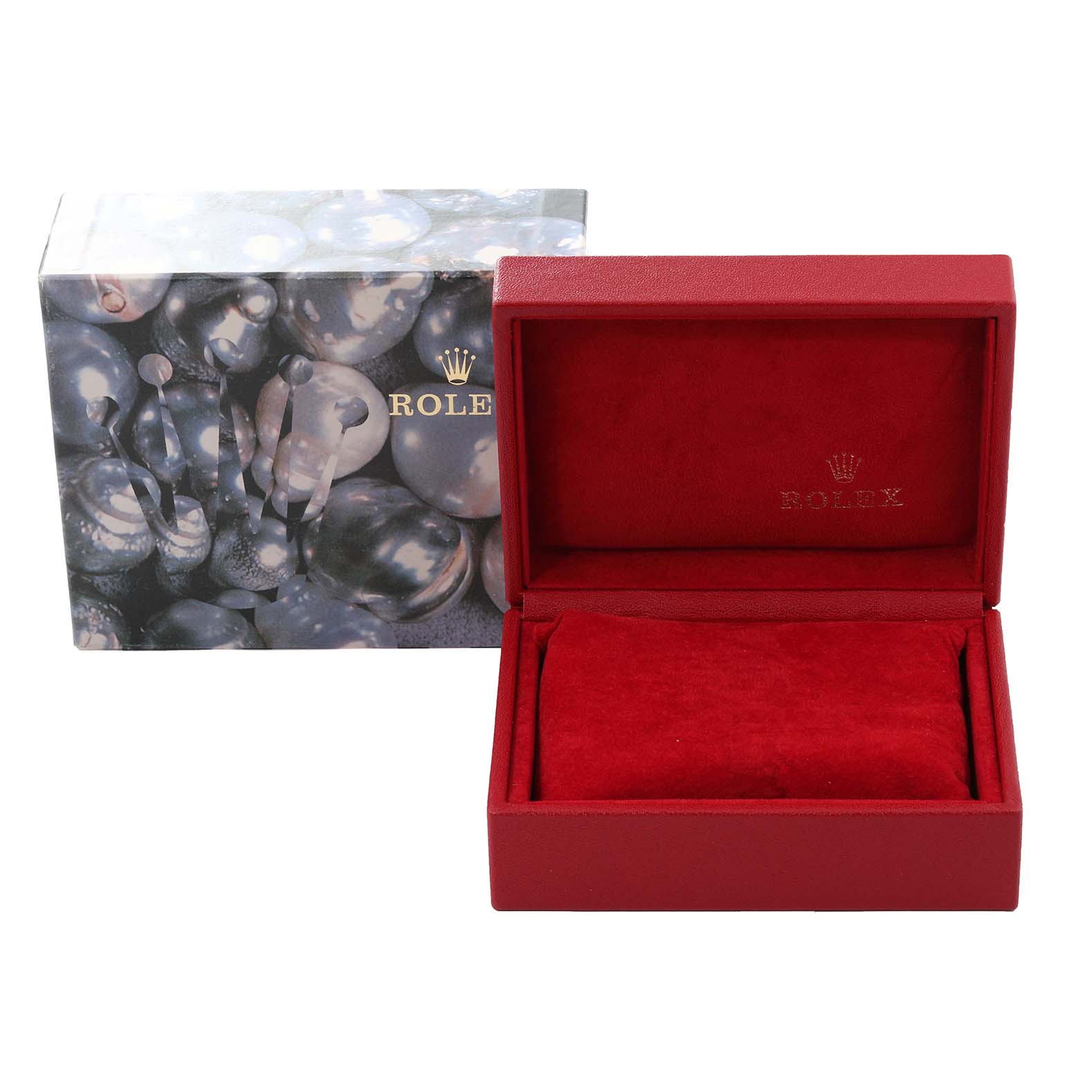 The image shows the packaging for a Rolex Datejust 79174 Women's Stainless Steel Mother of Pearl Dial 79174 Women's Stainless Steel Mother of Pearl Dial watch, including a decorative outer box and a red inner watch box.
