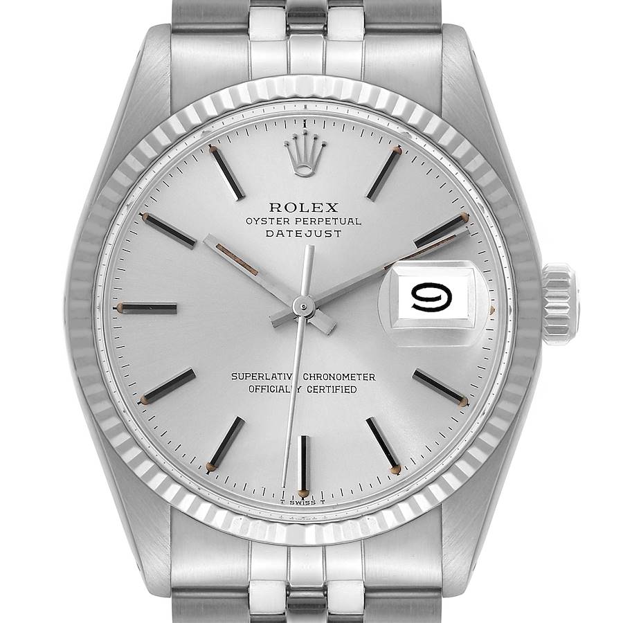 This image shows a front view of a Rolex Vintage Collection Datejust, highlighting the dial and bracelet.