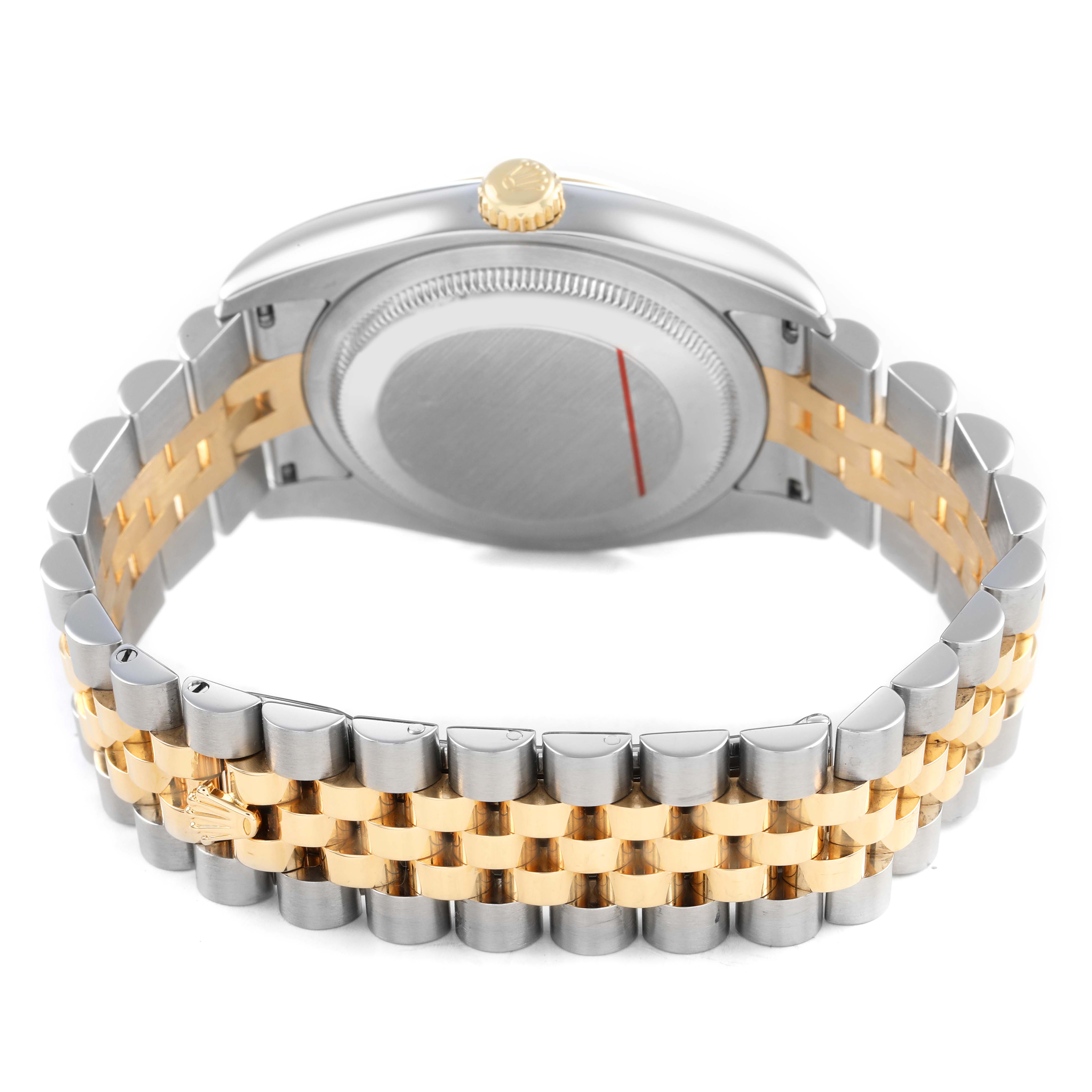The image shows the back view of a Rolex Datejust 116233 Men's Steel and Gold (two tone) Black Dial, highlighting the stainless steel and gold jubilee bracelet and case back.