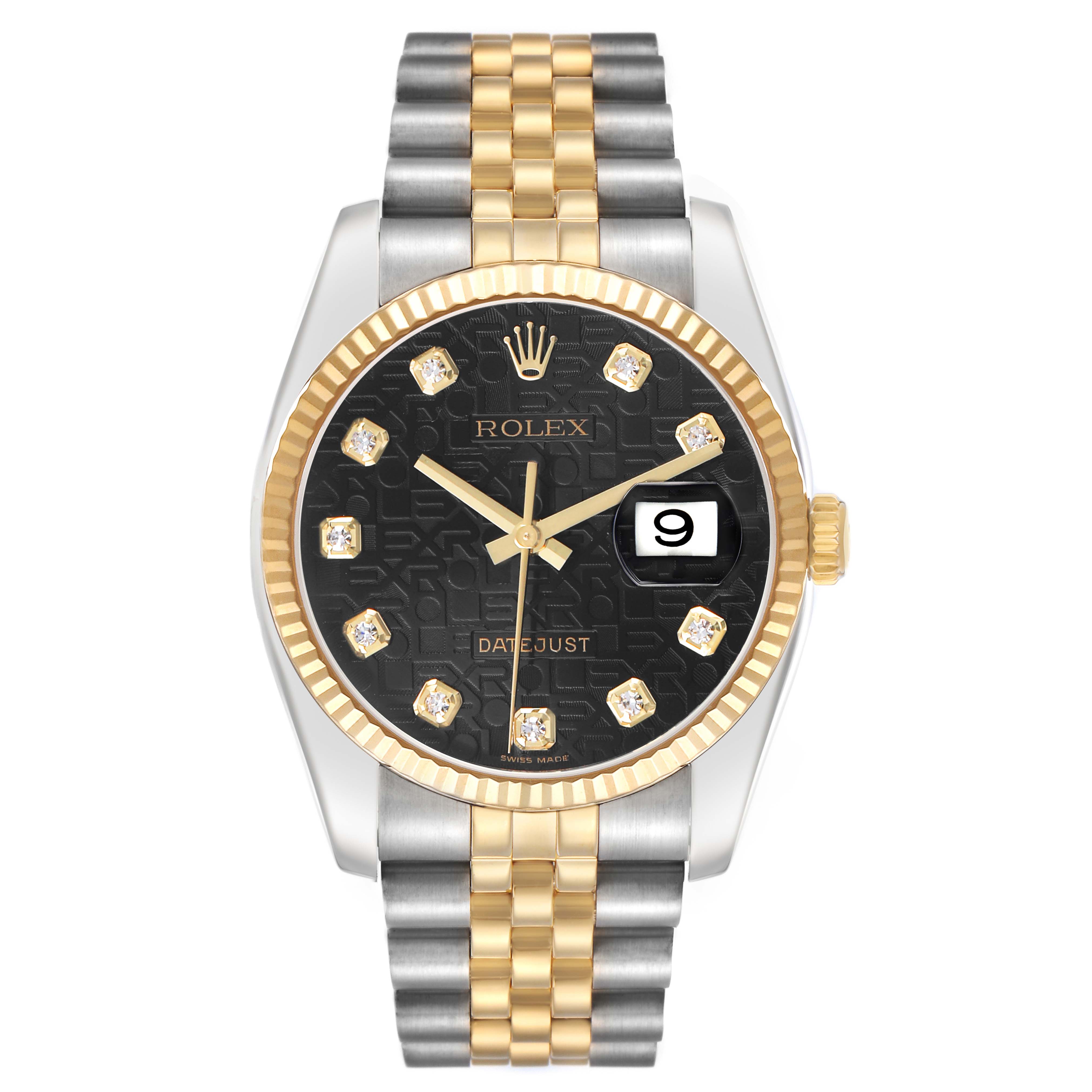 The Rolex Datejust 116233 Men's Steel and Gold (two tone) Black Dial watch is shown from a top view, featuring its bezel, dial, hands, bracelet, and cyclops date window.