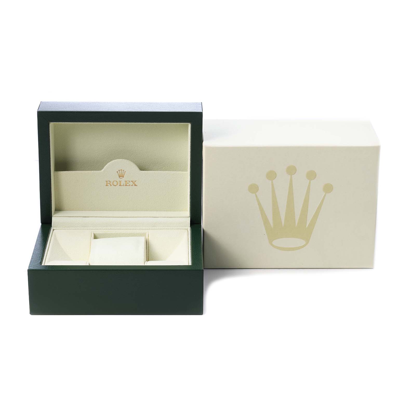 The image shows an open Rolex Datejust 116233 Men's Steel and Gold (two tone) Black Dial watch box with its iconic logo, alongside its outer box.